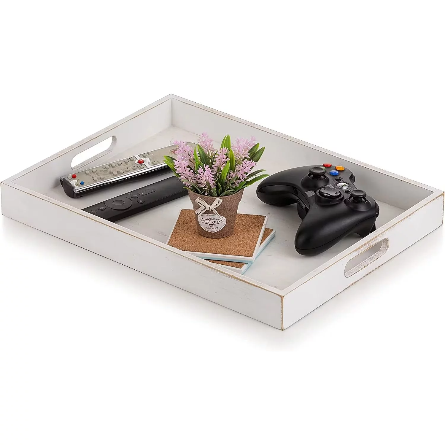 Hanobe Serving Tray Decorative Wooden Coffee Table Ottoman Tray with Handles White Decor