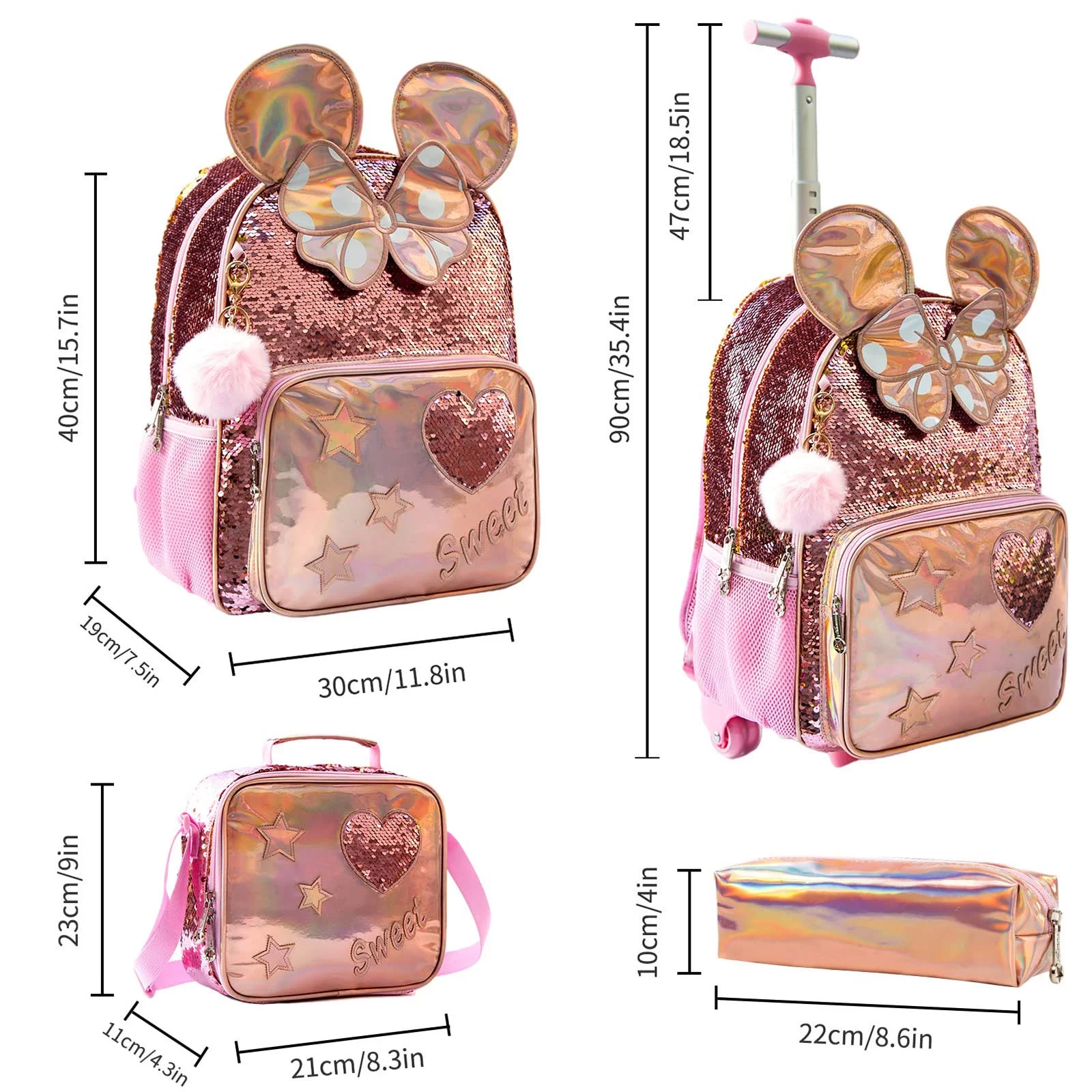 lvyH Women Girls 3 in 1 Rolling Backpack Sequins Backpacks with Lunch Pencil Bag Crossbody Durable Bookbag Daypack Travel School