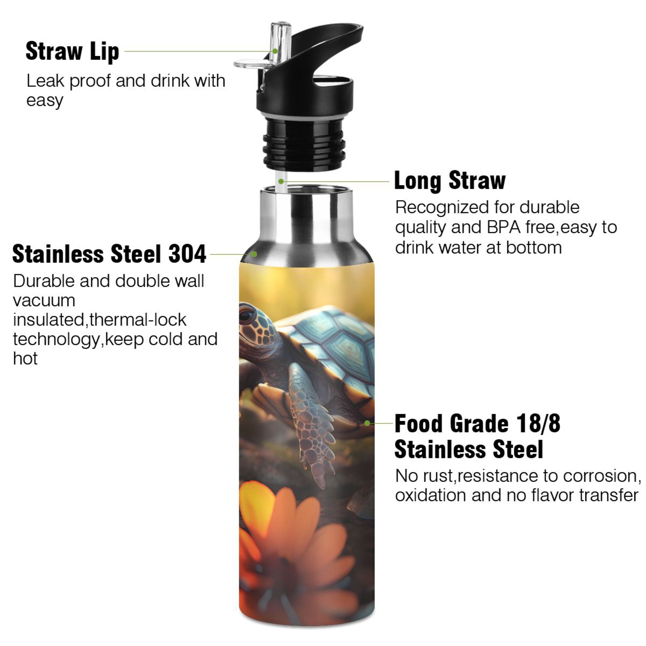 Turtle and Wild Flowers Water Bottles Insulated Thermos Kids Stainless Steel Bottle with Straw Lid Flask Leakproof for Sports Gym 20 oz