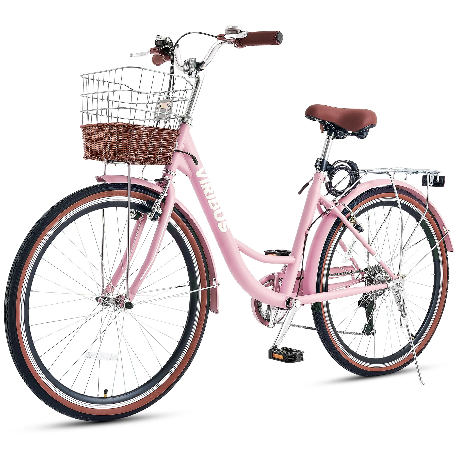 Women's Bike 26 Inch Beach & City Cruiser Bicycle with 7 Speed Basket Pink