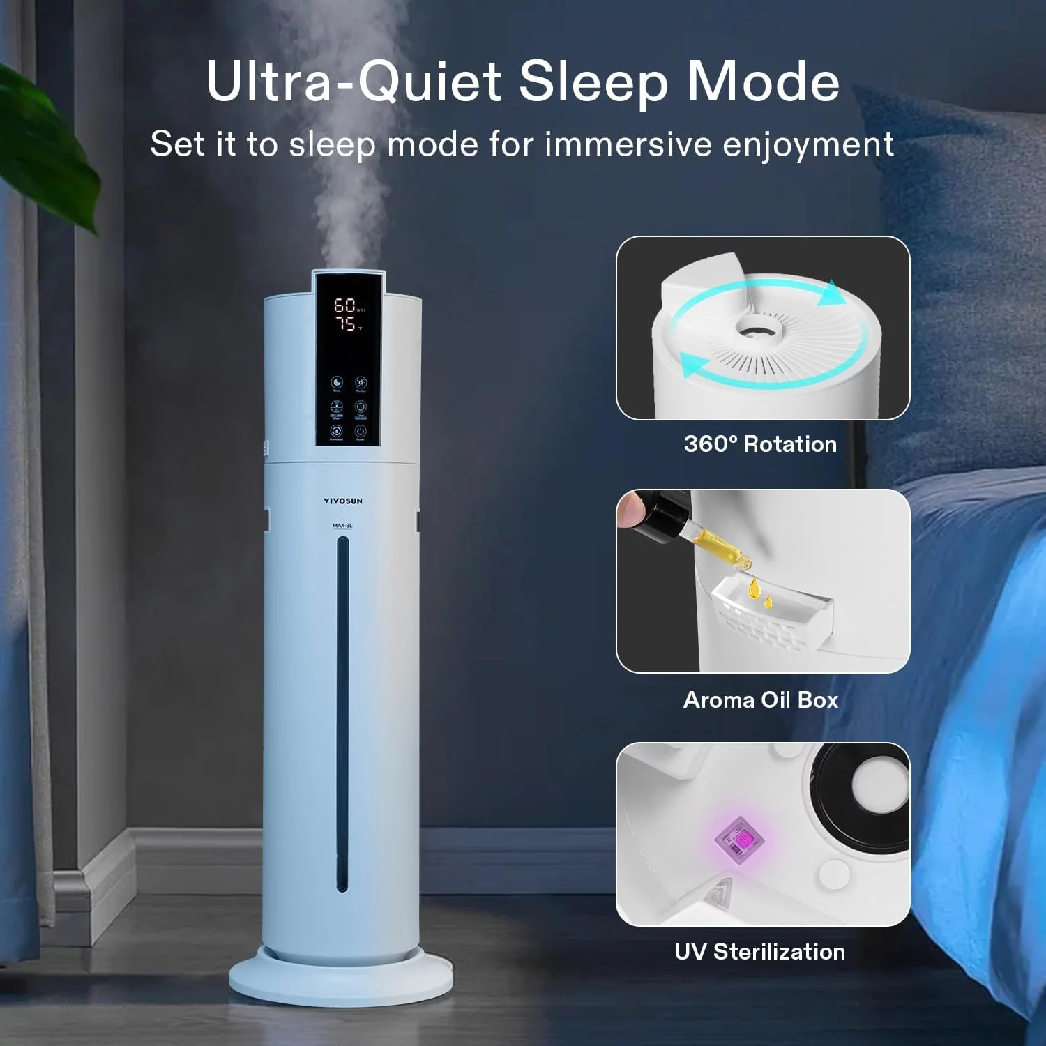 VIVOSUN 9L Air Humidifier, 2-in-1 Top Fill Cool & Warm Mist Humidifier, with Essential Oil Box & Remote Control