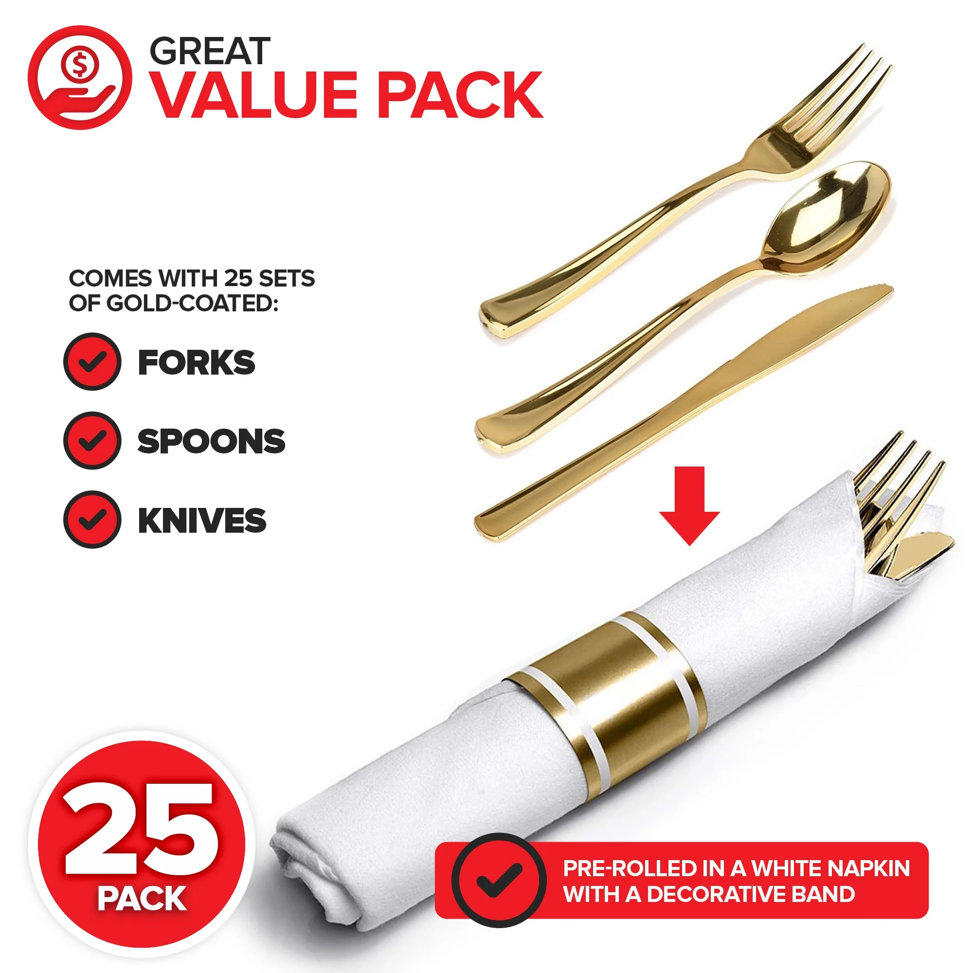 Pre-Rolled Plastic Cutlery Set (25 Count) Gold with Napkin by Stock Your Home
