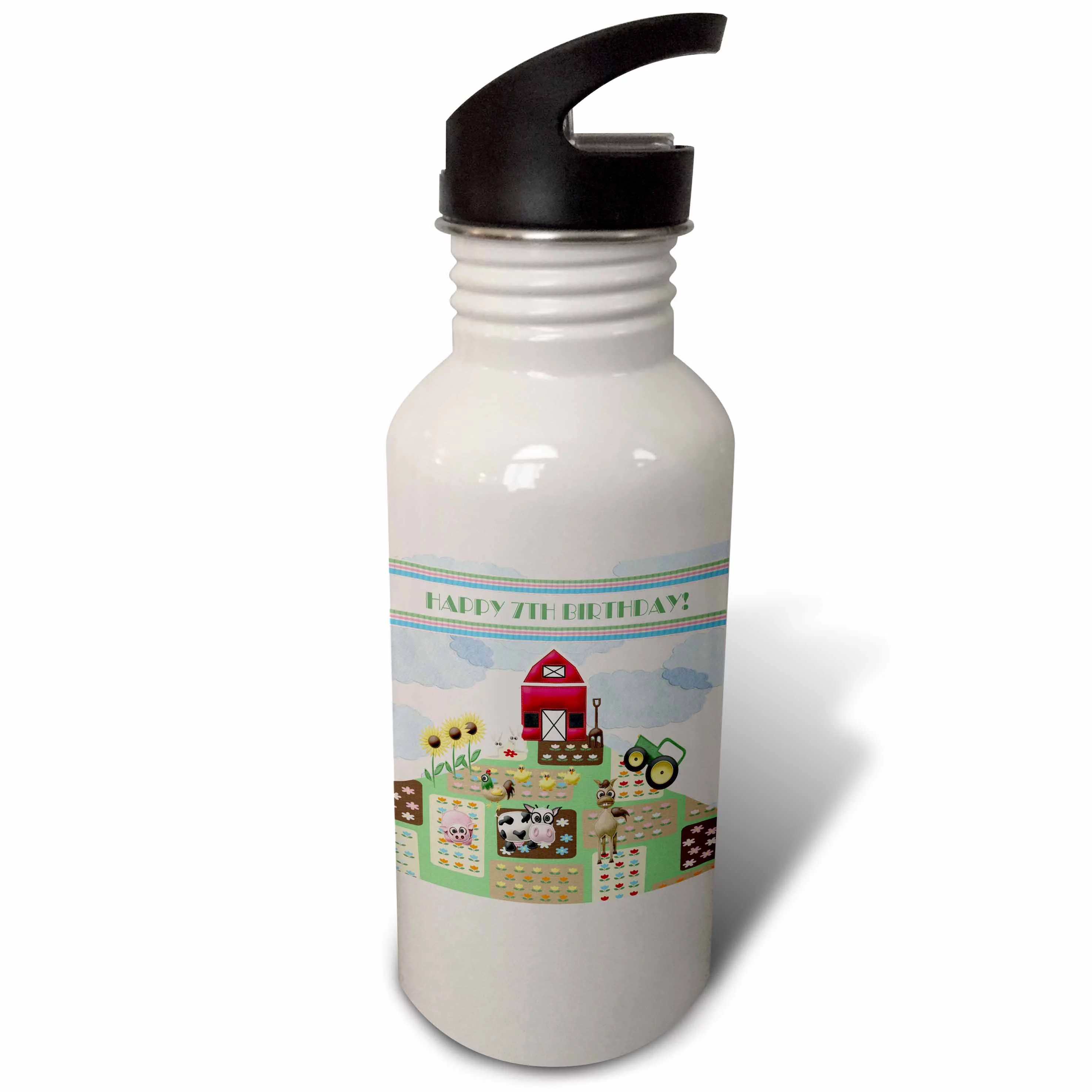 Happy 7th Birthday At the Farm with Barn, Tracker, Flowers, and Animals 21 oz Sports Water Bottle wb-184057-1
