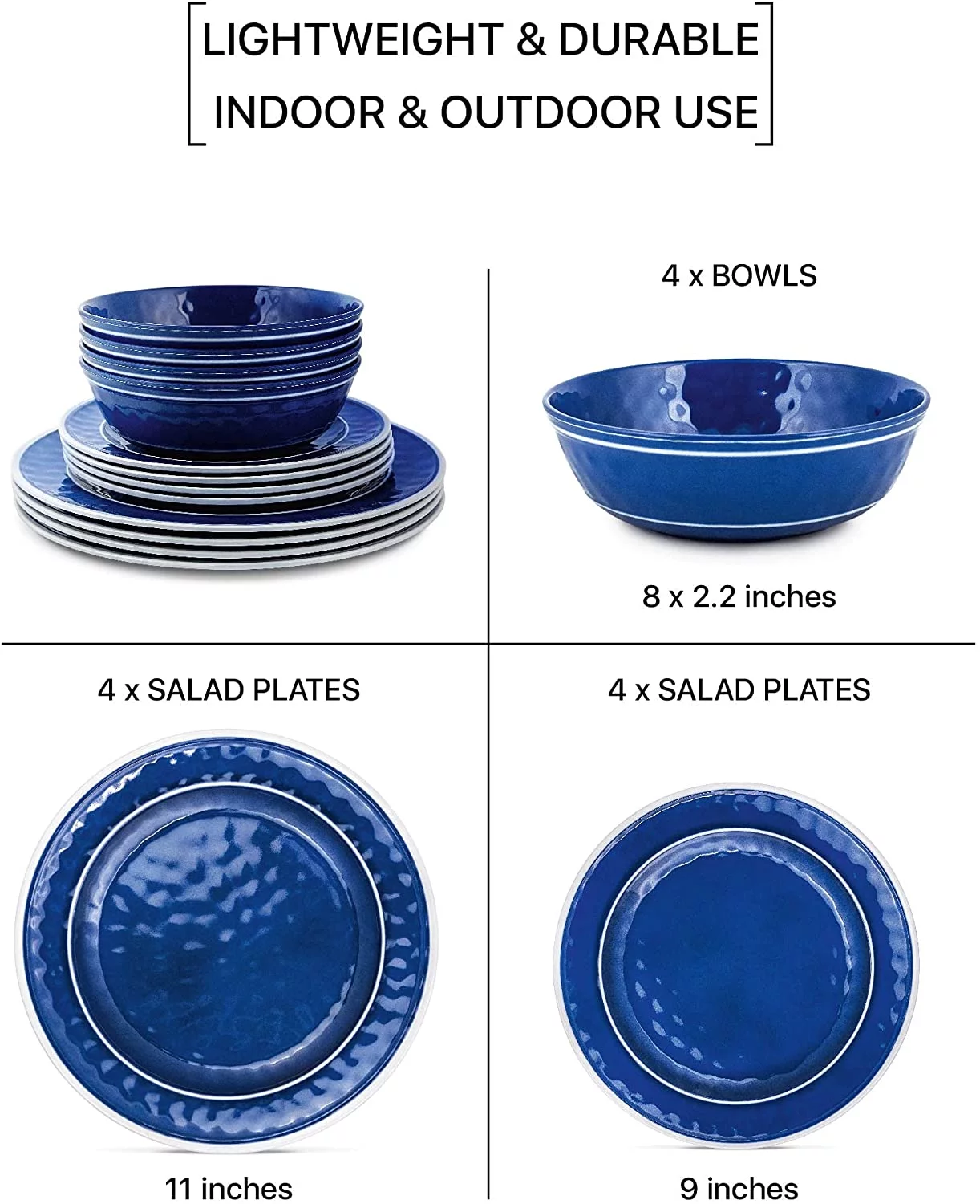 Craft & Kin Melamine Dinnerware Set - Sea Blue, Round (12 Piece Set)