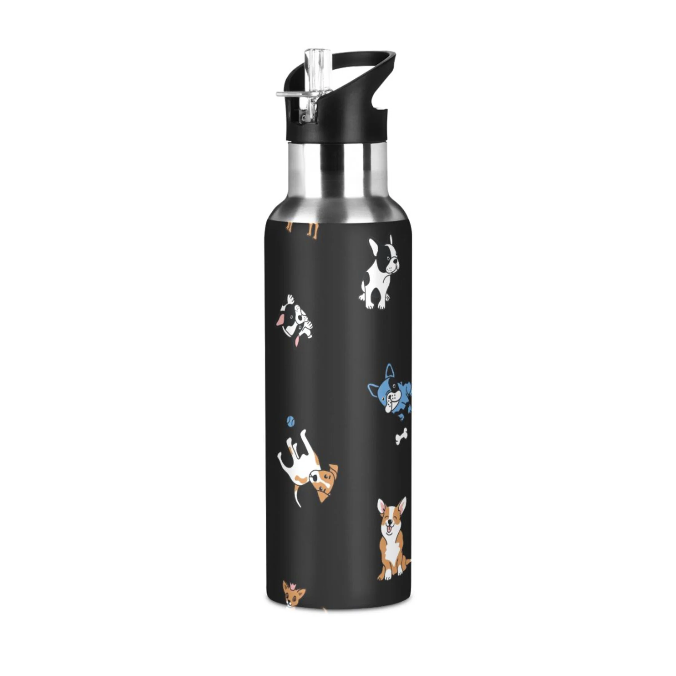 Stainless Steel Water Bottle Cute Dog Print Puppy with Straw Lid Vacuum Insulated Leak Proof Flask Jug for Gym Travel Sports Cycling Outdoor 20 OZ