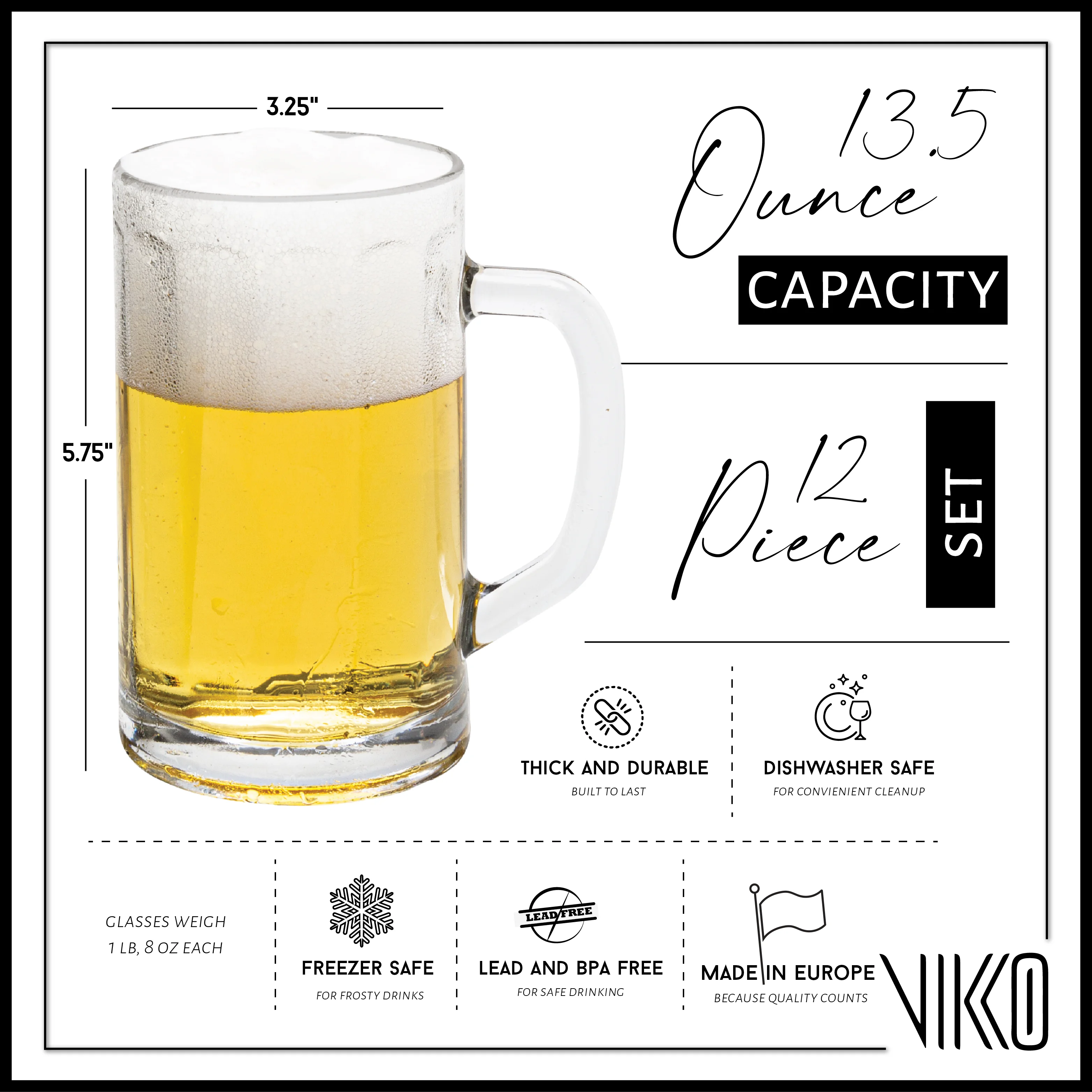 Vikko Beer Mug, Set of 12 Glass Beer Mugs, 13.5 Ounce, Dishwasher Safe Durable Drinking Glass for Craft Brews, Beer or Water