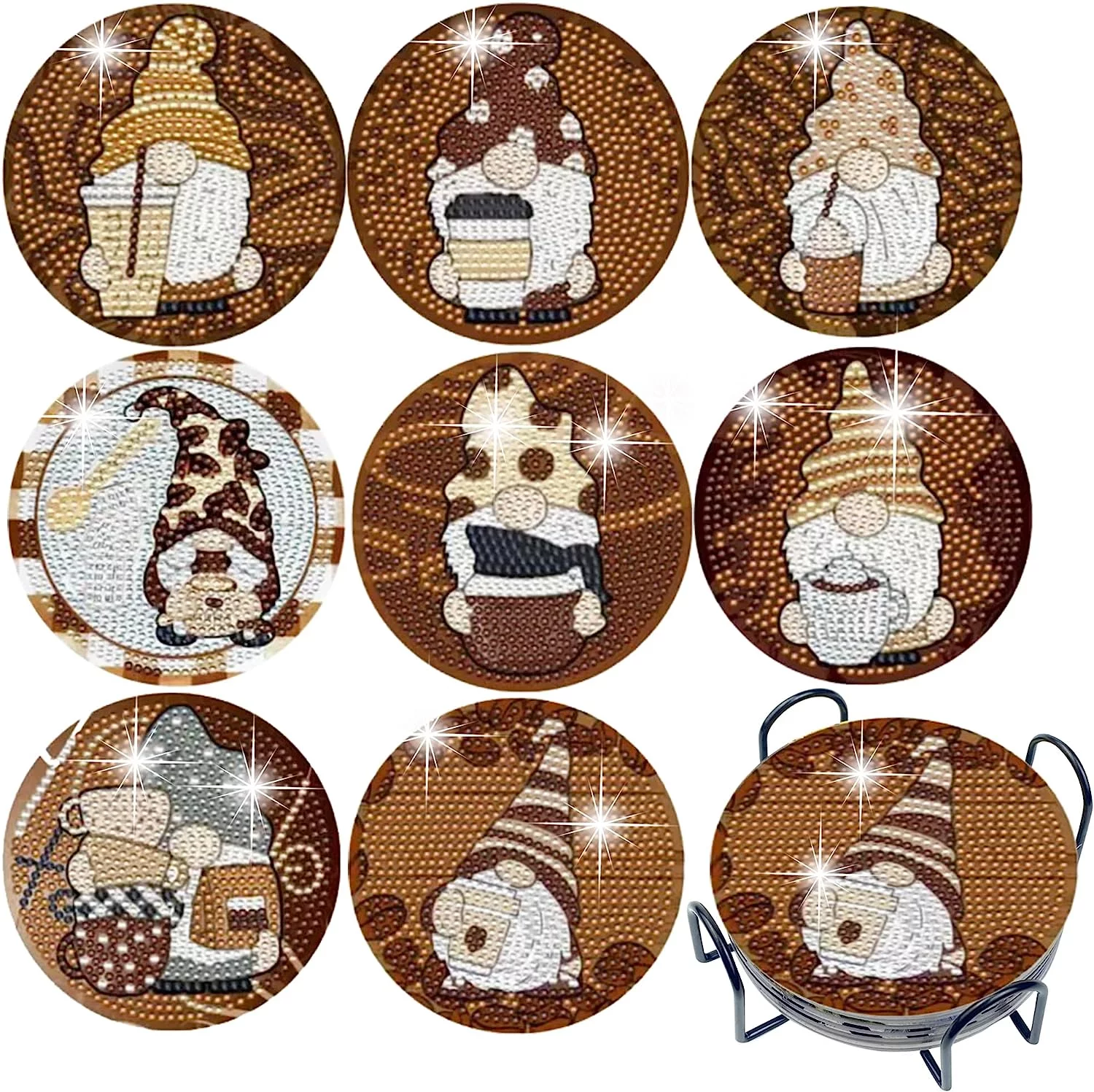 8 Pieces Diamond Painting Coasters, Coffee Gnomes Diamond Coasters Acrylic Round Coasters Kit with Holder Cork Pads, DIY Diamond Art Coasters 5D Full Drill for Beginner Adults Kids