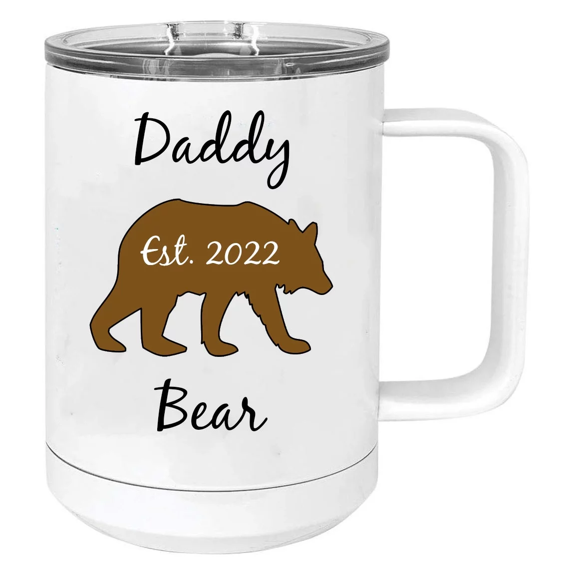 Daddy Bear Est. 2022 Stainless Steel Vacuum Insulated 15 Oz Travel Coffee Mug with Slider Lid, White