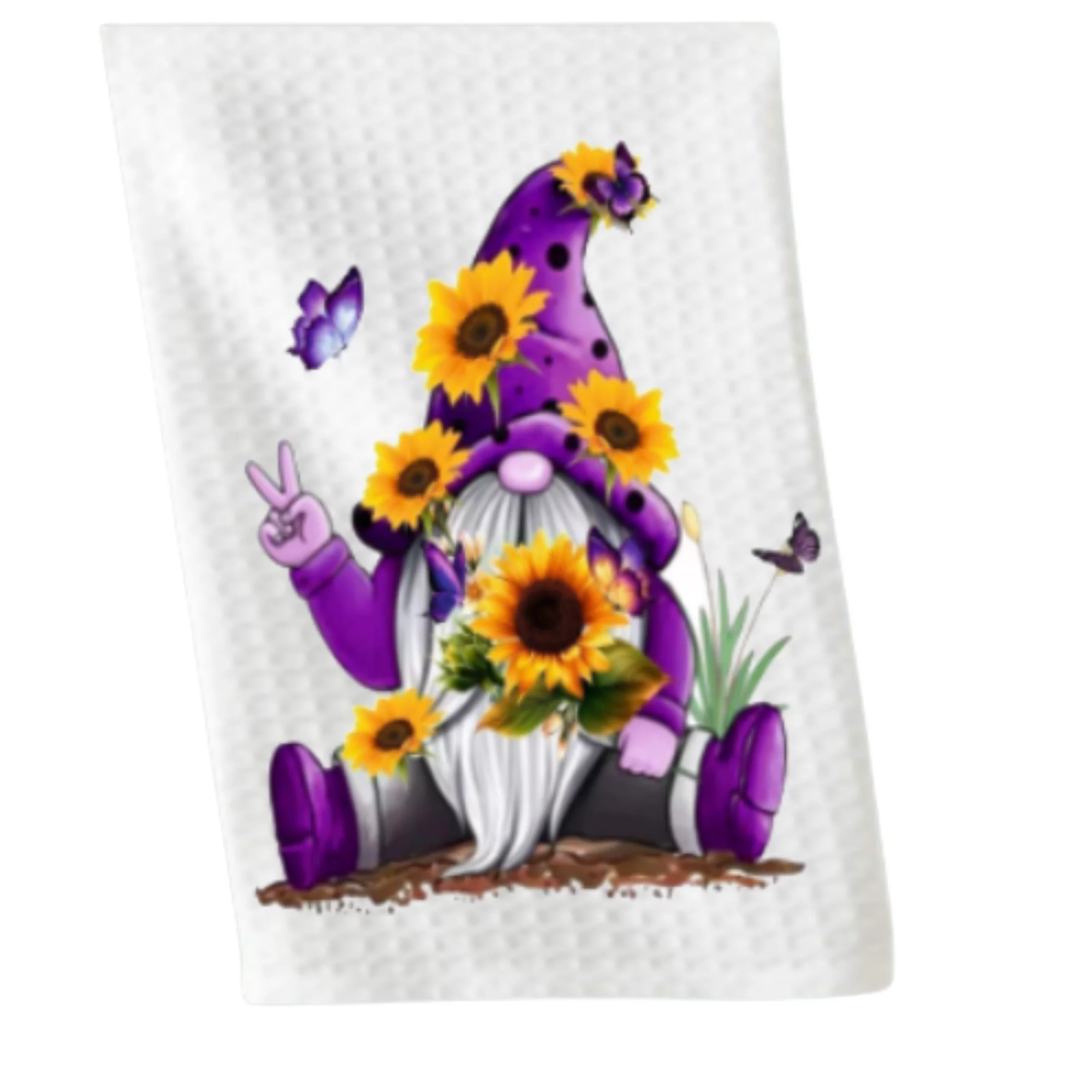 Versatility Dish Towels White 16x24 Kitchen Funny - Sunflower Gnomes Set of 2
