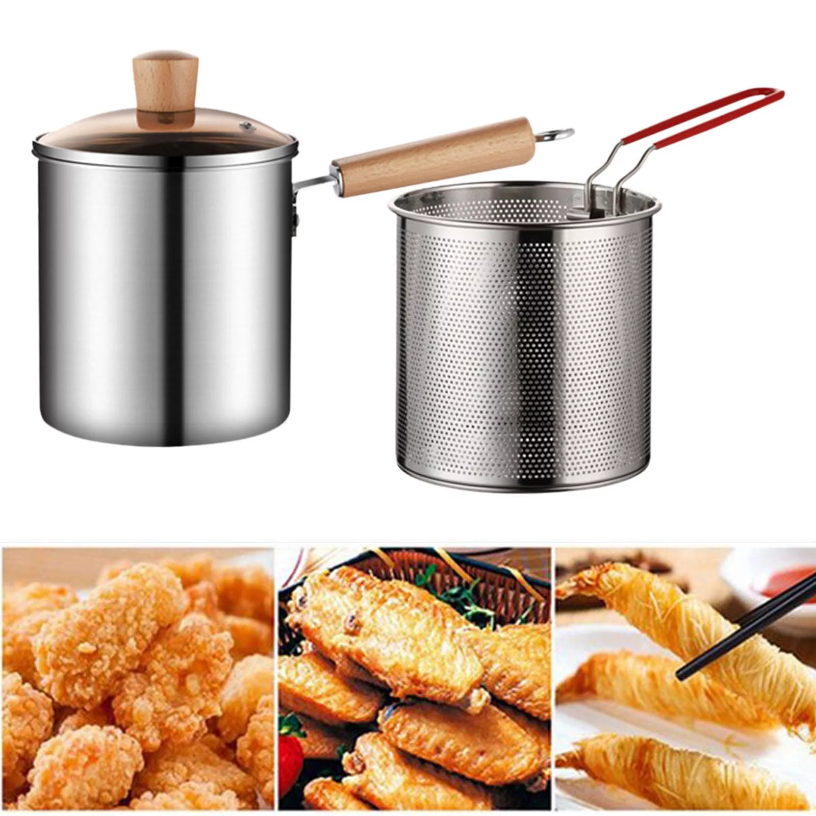 Stainless Steel Deep Fryer Pot and Lids for Fries Camping Fried Chicken Legs Pot with Basket