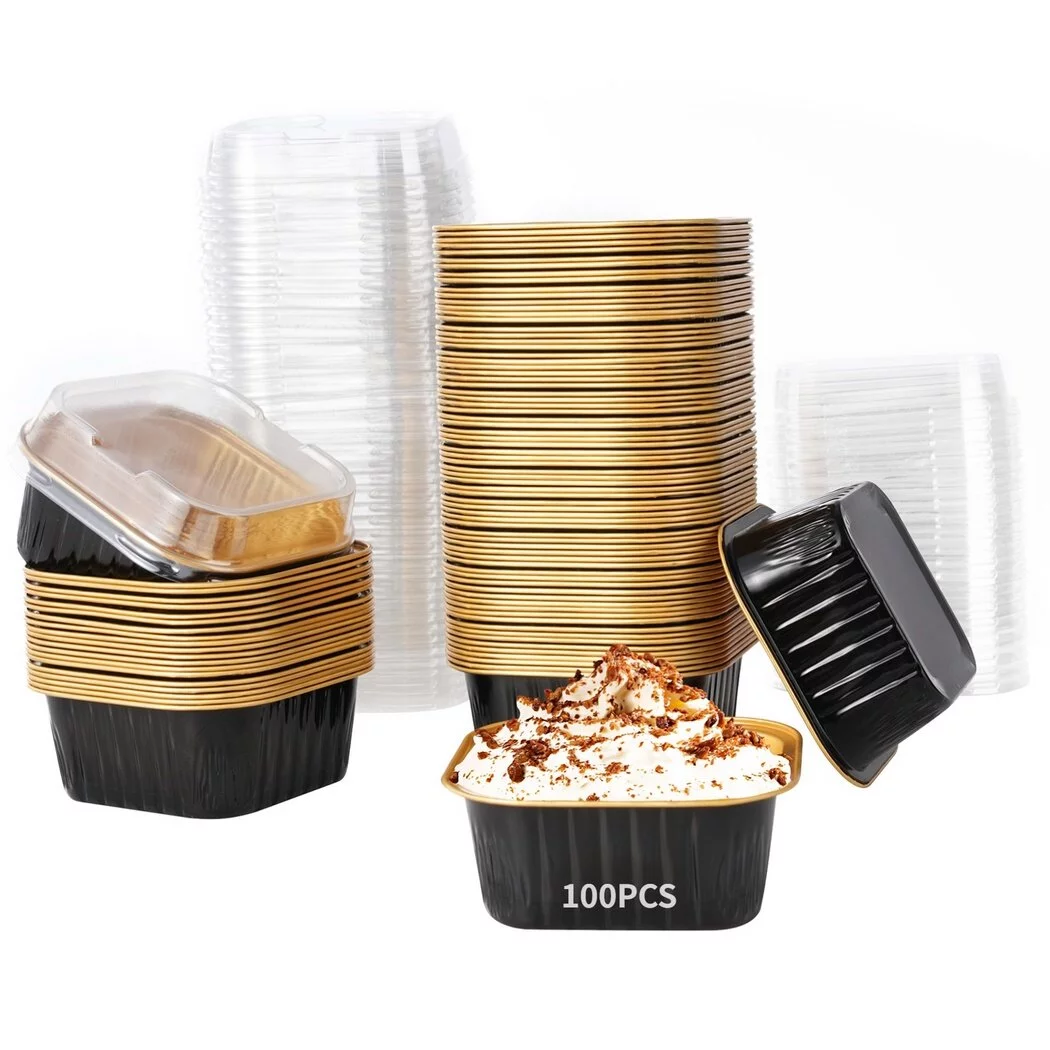 100 PCS Dessert Cups With Lids, Cupcake Liners Aluminum Foil Baking Cup, Disposable Ramekins Muffin Individual Square Cupcake Container, Foil Flan Baking Cups For Party Picnic