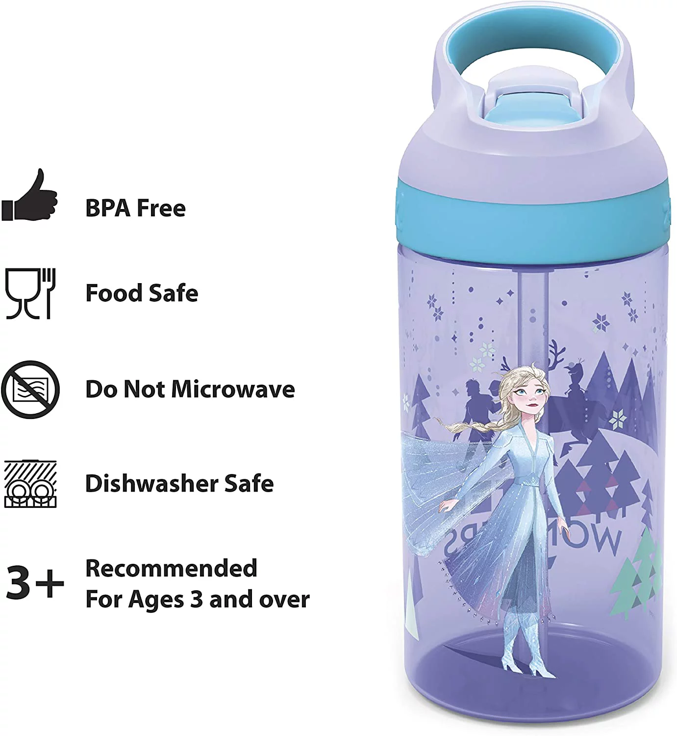 Zak Designs Disney Frozen 2 Kids Straw and Built in Carrying Loop Made of Durable Plastic, Leak-Proof Water Bottle Design, 16 oz, Elsa, FRZH-T383