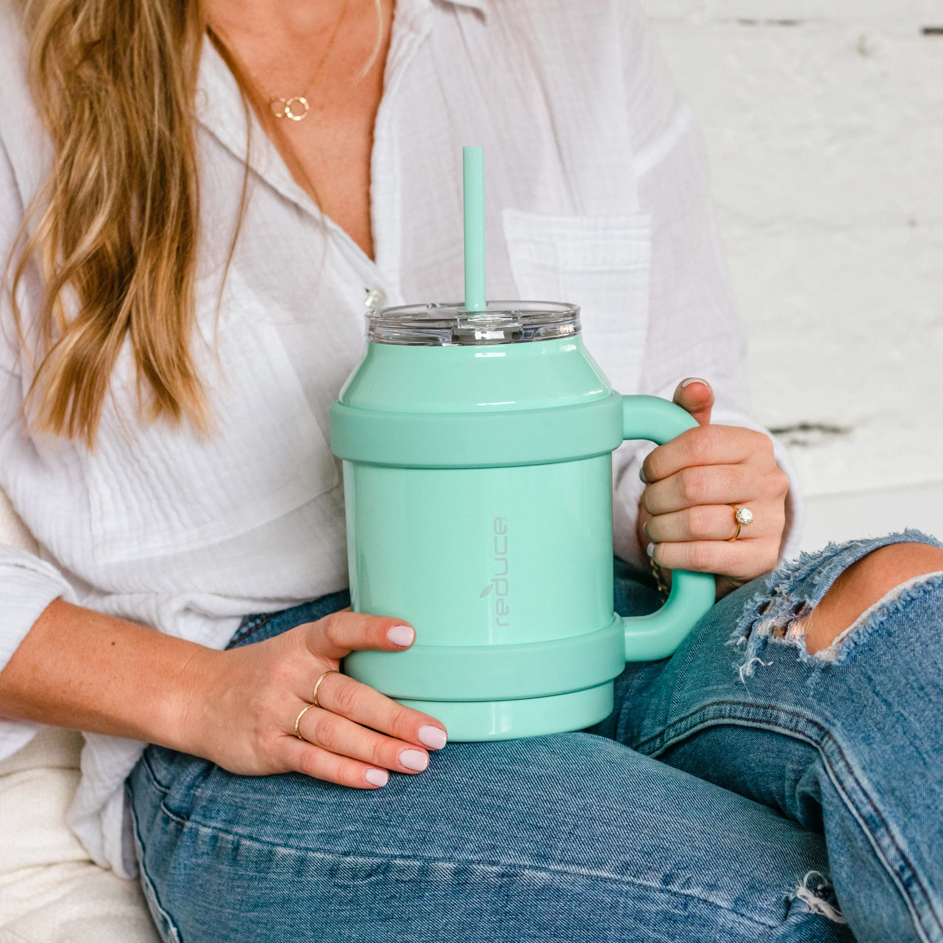 Reduce Vacuum Insulated Stainless Steel Cold1 Mug with Lid and Straw, Mild Mint, 50 fl oz