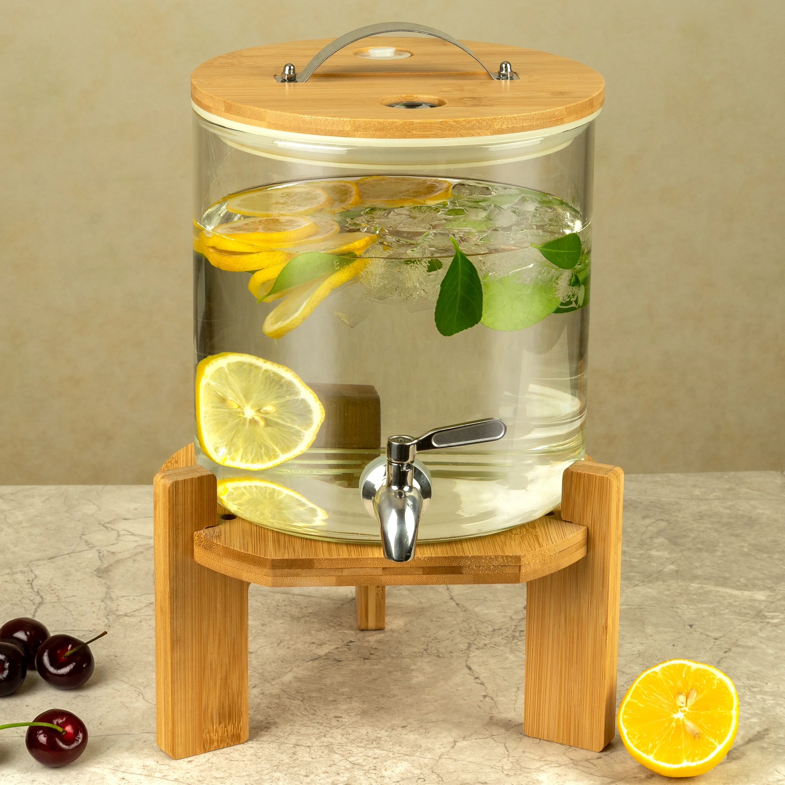 L'ÉPICÉA 5L Glass Drink Dispenser with Stand,Beverage Dispenser with Wooden Stand, Stainless Spigot