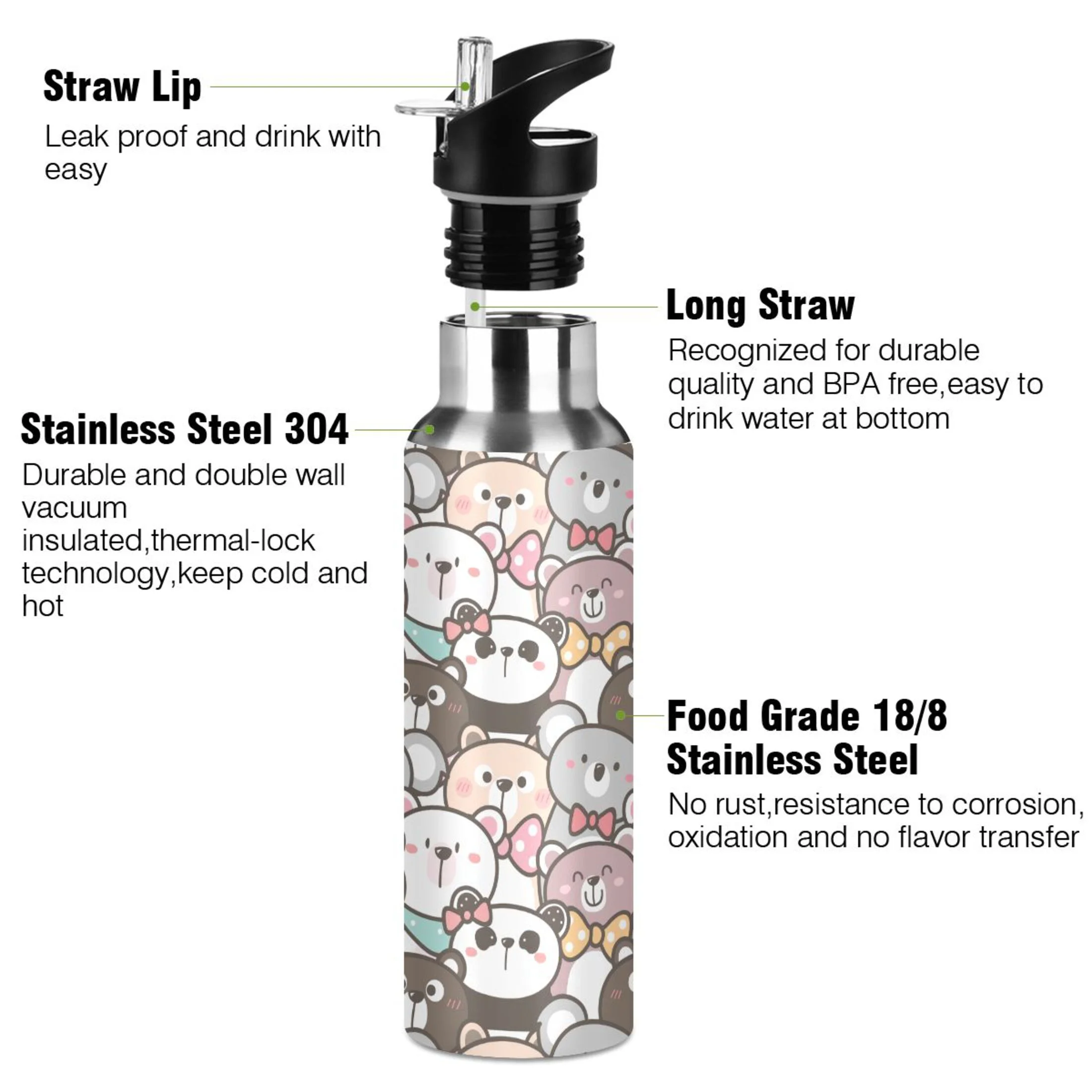 Water Bottle with Straw Lid Leak Cute Cartoon Bear Panda and Koala Stainless Steel Insulated Thermos Vacuum Flask for Cold Hot Drinking for Sports Camping Gym Yoga