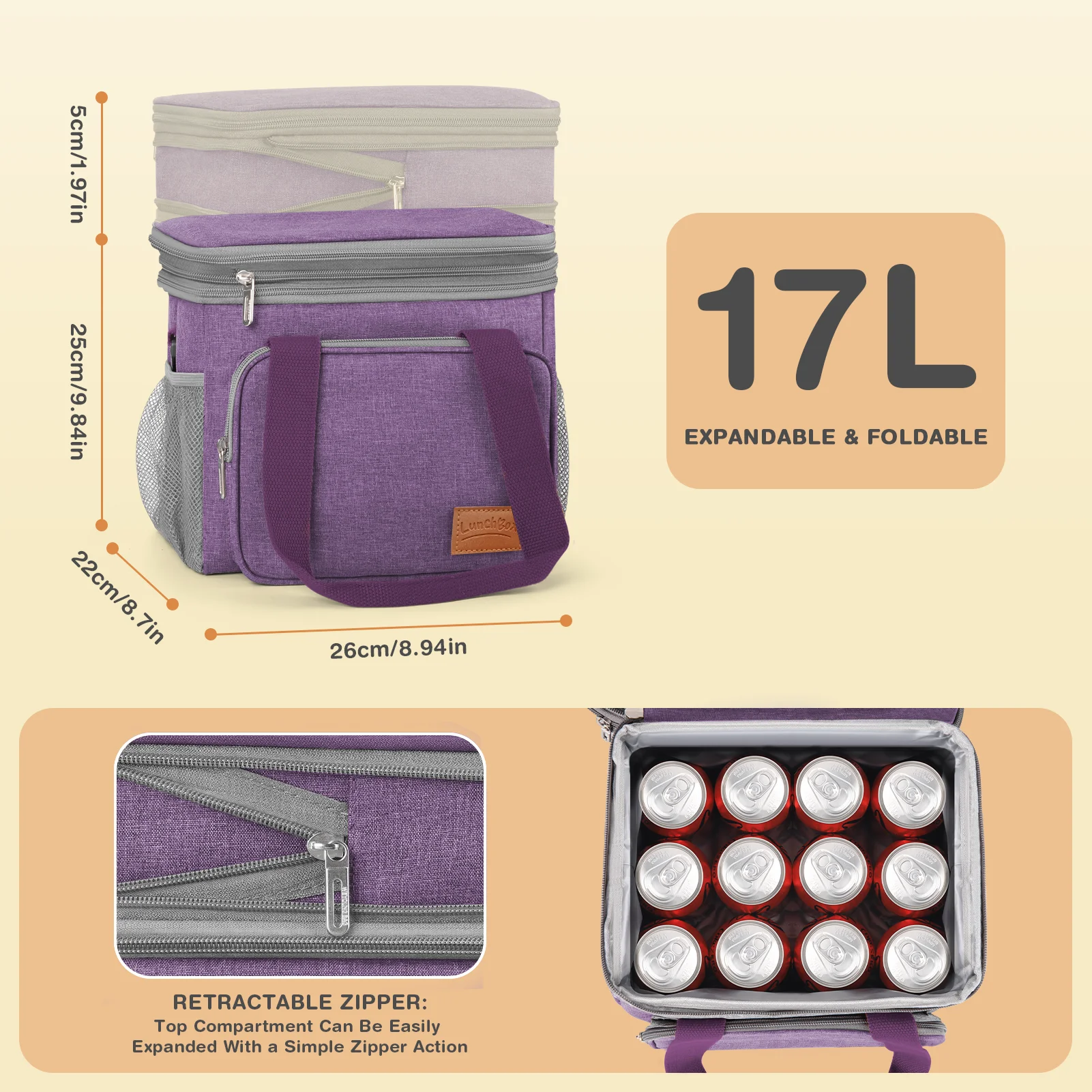 Lunch Bags for Women Men, 17L Reusable Insulated Lunch Bag, Double Deck Lunch Tote Box for Office Work School Picnic Beach, Leakproof Cooler Bag with Adjustable Strap/Side Mesh Pocket, Pink, Purple