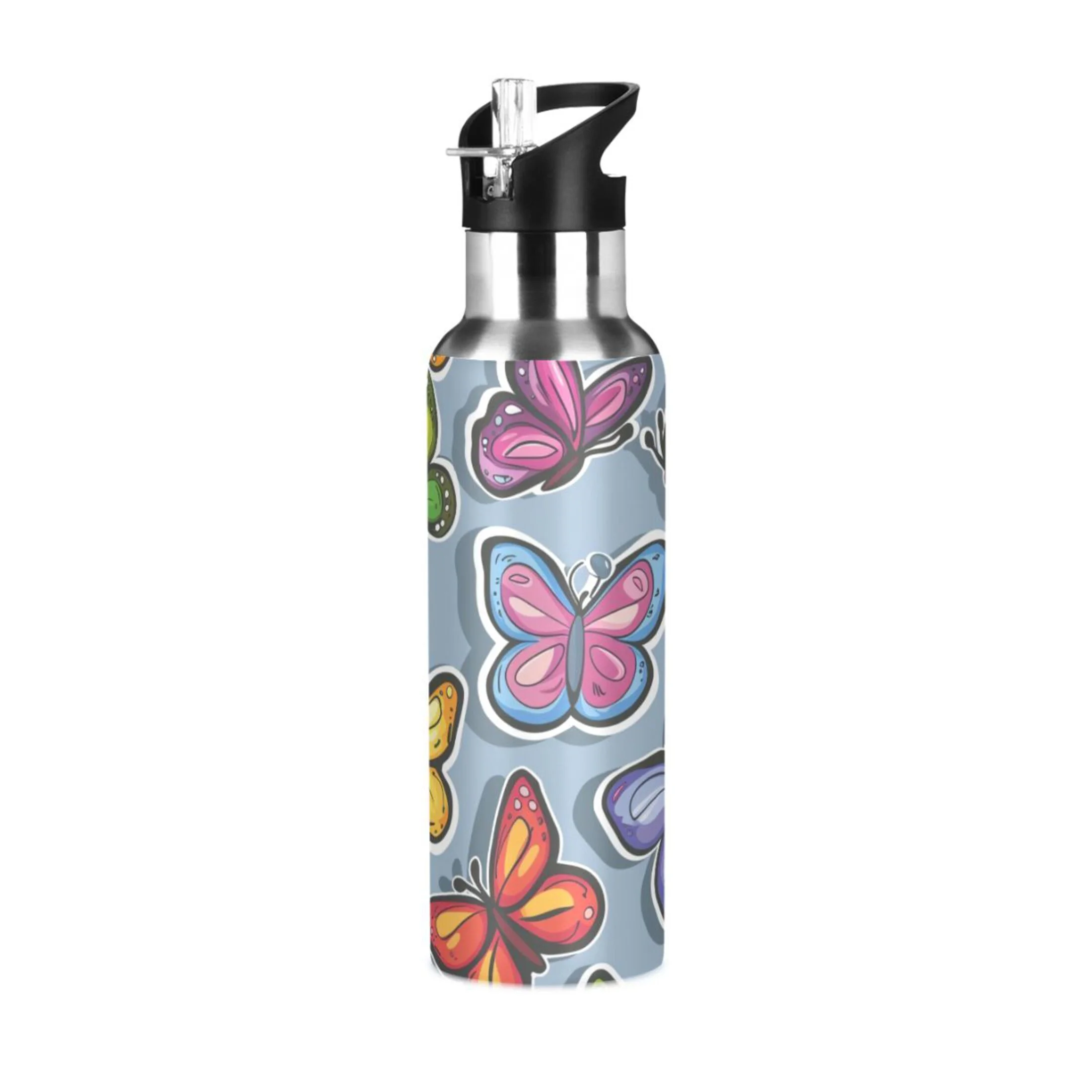 Abstract Butterfly Water Bottles Insulated Thermos Kids Stainless Steel Bottle with Straw Lid Flask Leakproof for Sports Gym 20 oz