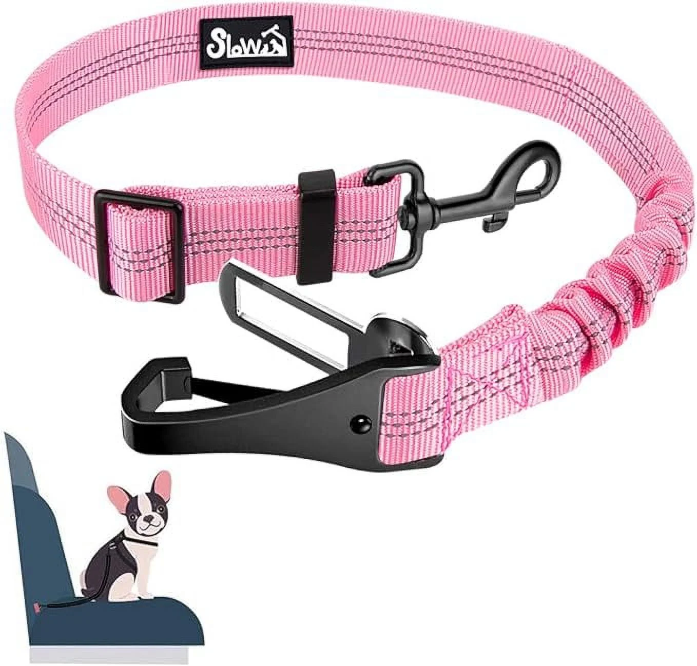 SlowTon Dog Seat Belt, Adjustable Dog Safety Belt Leash, 2 in 1 Latch Bar Attachment Dog Car Seatbelt with Elastic Nylon Bungee Buffer, Reflective Nylon Belt Tether Connect to Dog Harness (Pink)