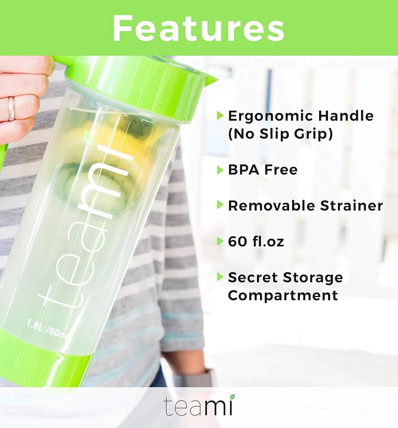 Tea Pitcher With Lid - Infuser Strainer Carafe - Perfect For Teas, Juices, Lemonade, Fruit, Or Sangria - 60 Ounces (Green)