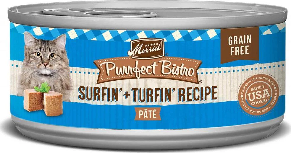 Merrick Purrfect Bistro Surfin and Turfin Pate Grain Free Canned Cat Food 5.5oz, case of 24