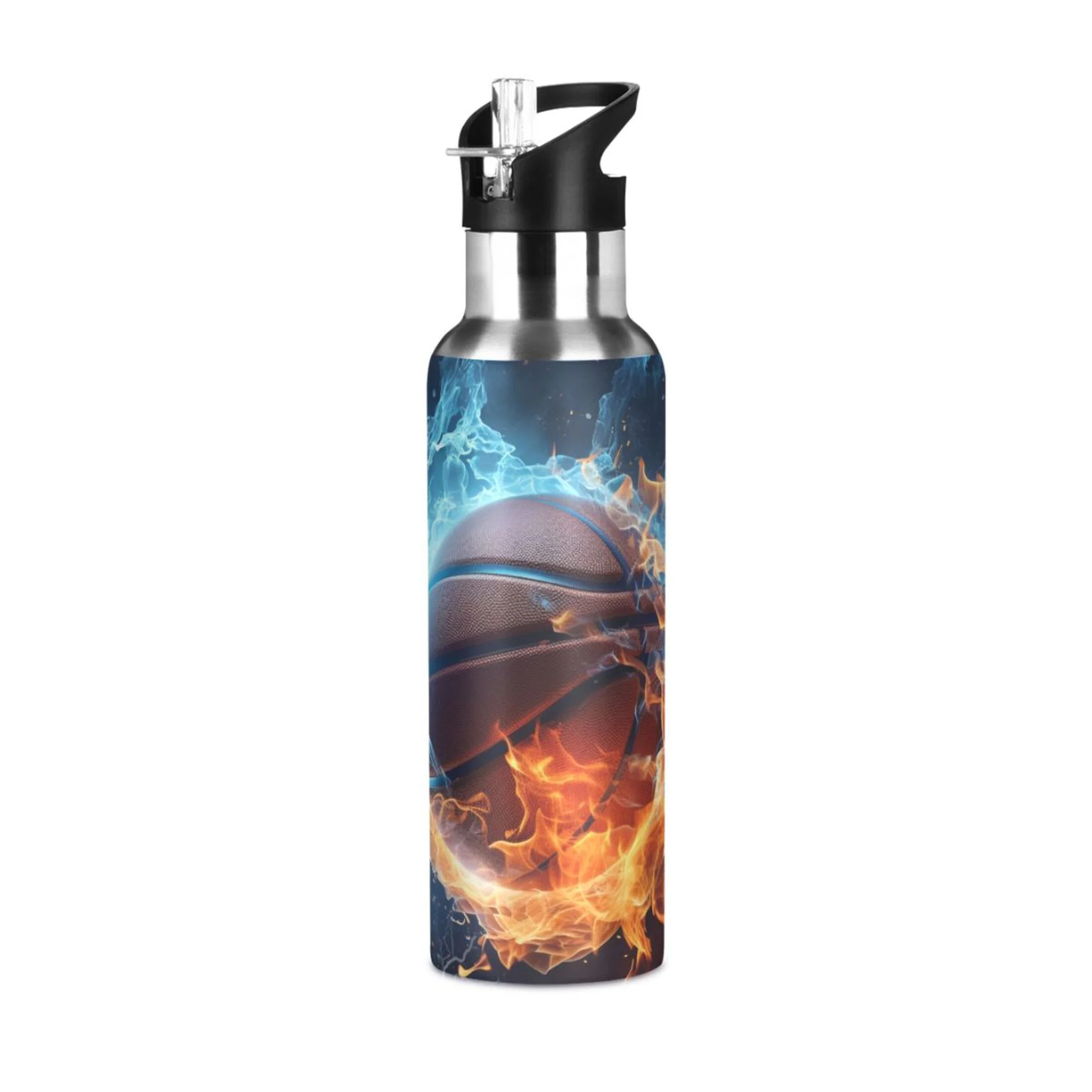 Water Bottle with Straw Lid Leak Basketball on Snow and Fire Stainless Steel Insulated Thermos Vacuum Flask for Cold Hot Drinking for Sports Camping Gym Yoga