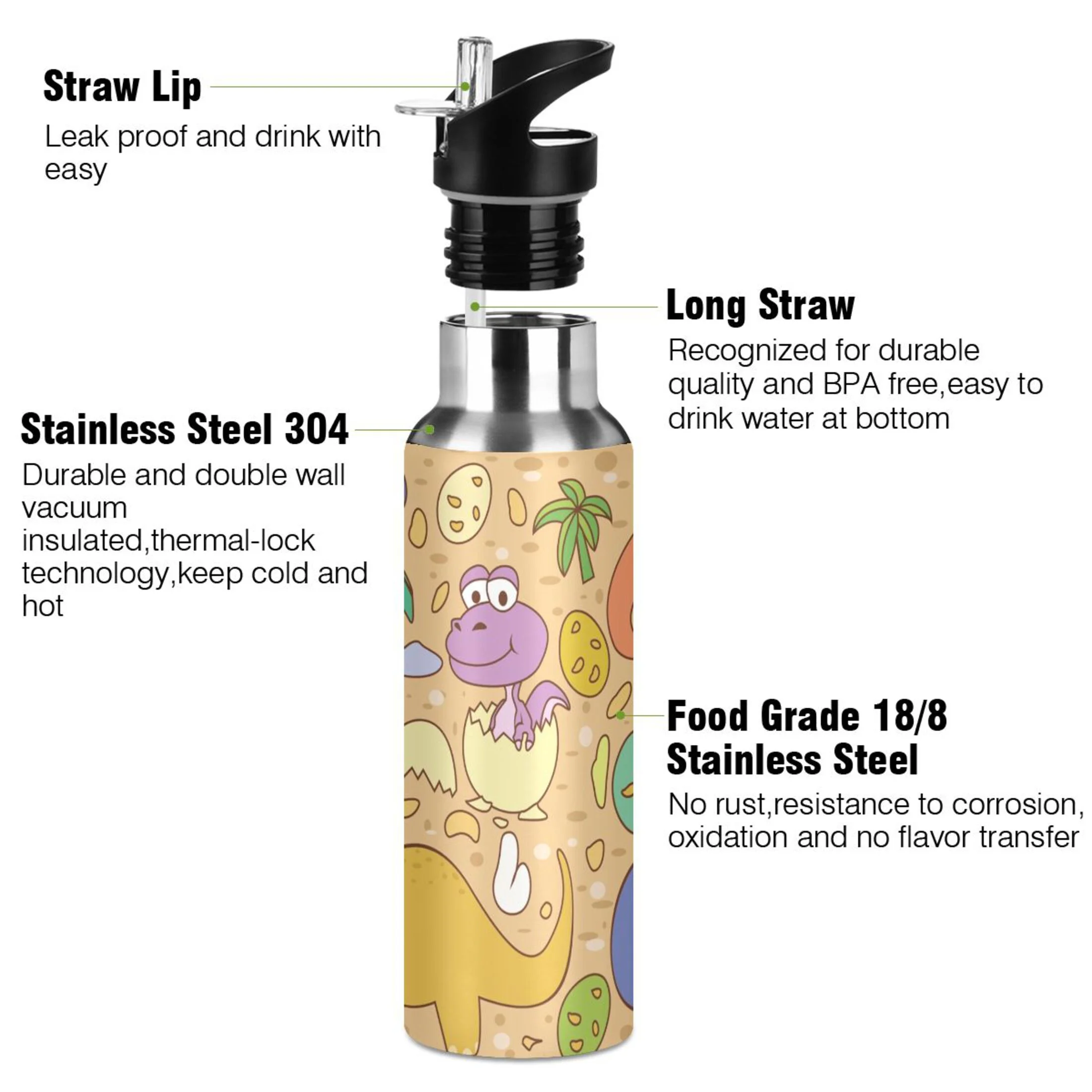 Stainless Steel Water Bottle Cute Dinosaur with Straw Lid Vacuum Insulated Keeps Hot and Cold Leak Proof Flask Jug for Gym Travel Sport Cycling Outdoor 20 OZ