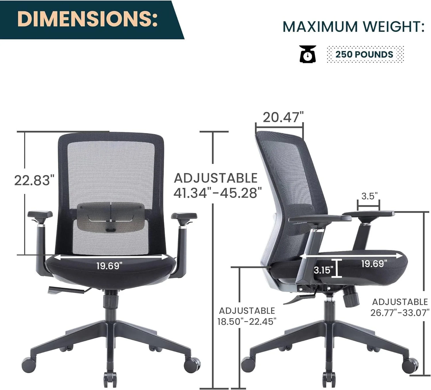 Igram Moder Height Office Task Chair With Adjustable Armrests Ad 360 Degree Swivel, Black