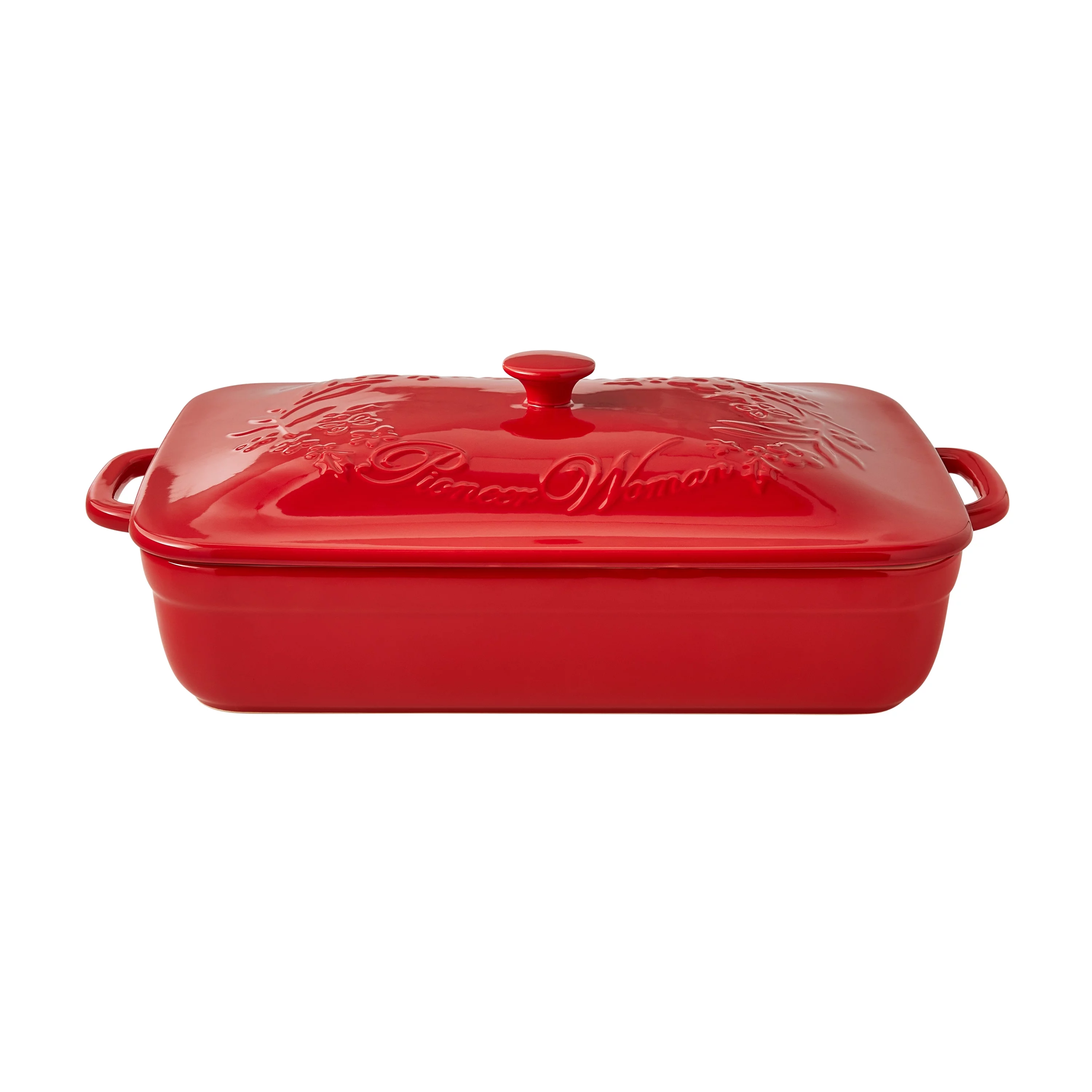 The Pioneer Woman Fancy Flourish Rectangular Stoneware Casserole with Lid, Red