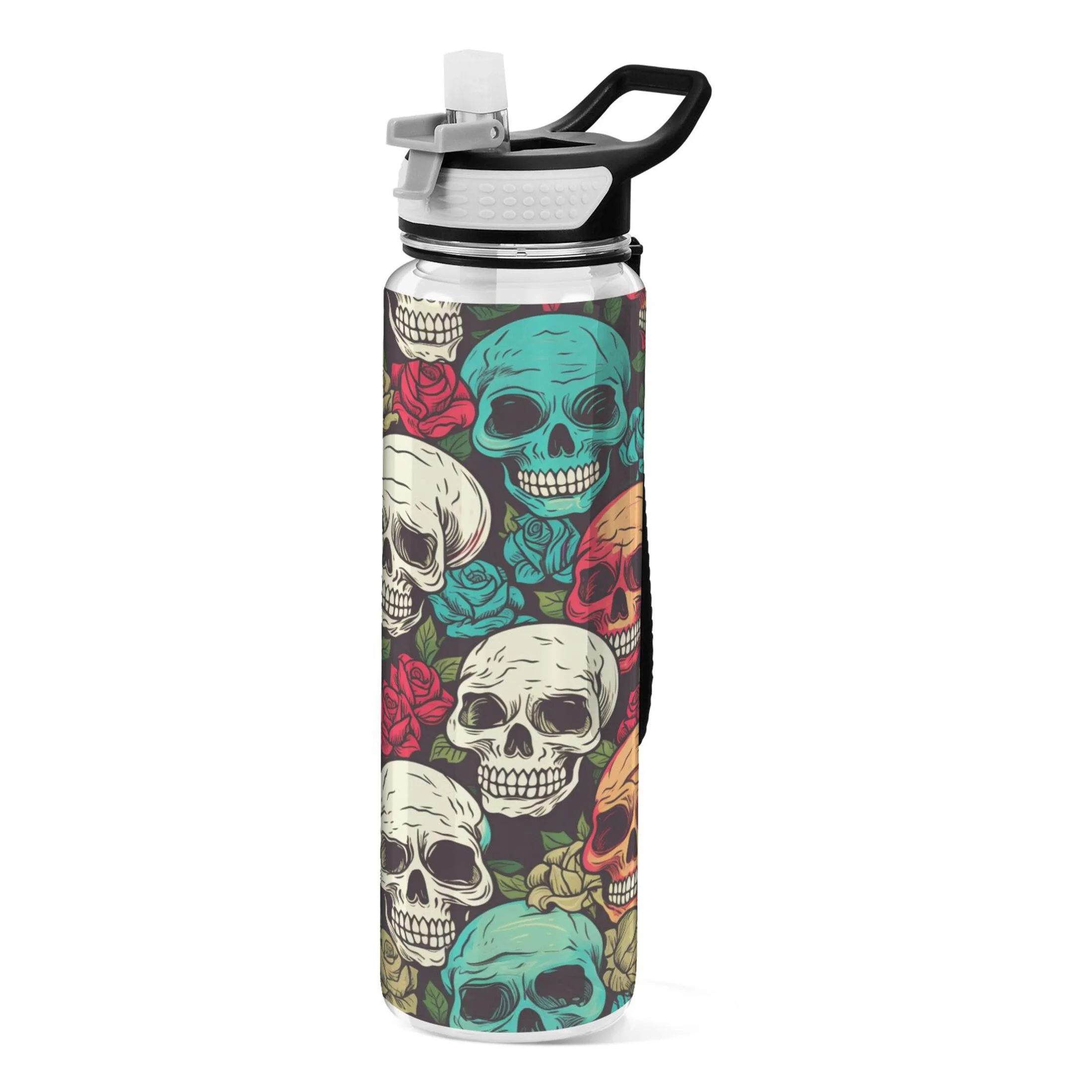 Skulls Skeleton 32oz Water Bottles with Straw Tritan Leakproof Sports Bottle BPA Free Clear for Fitness Gym Swimming Cycling