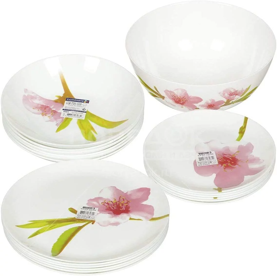 Luminarc E4905 alt Aprocal Water Color Collection 19 Pcs Dinnerware Set, Set for 6, White