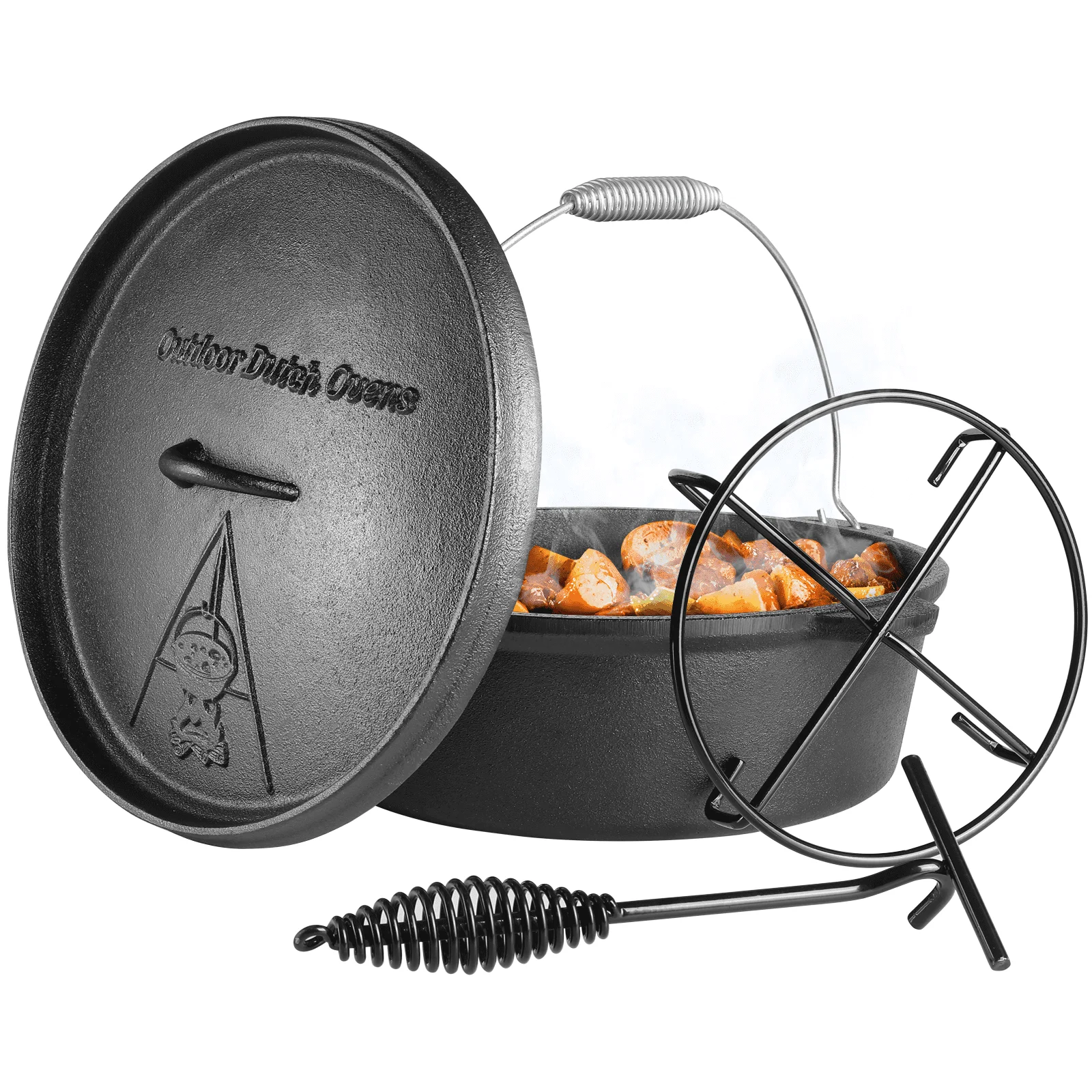 Pirecart 6.2 Quart Cast Iron Dutch Oven Cooking Pot, with Lid, Stand and Extra Handle, Without feet