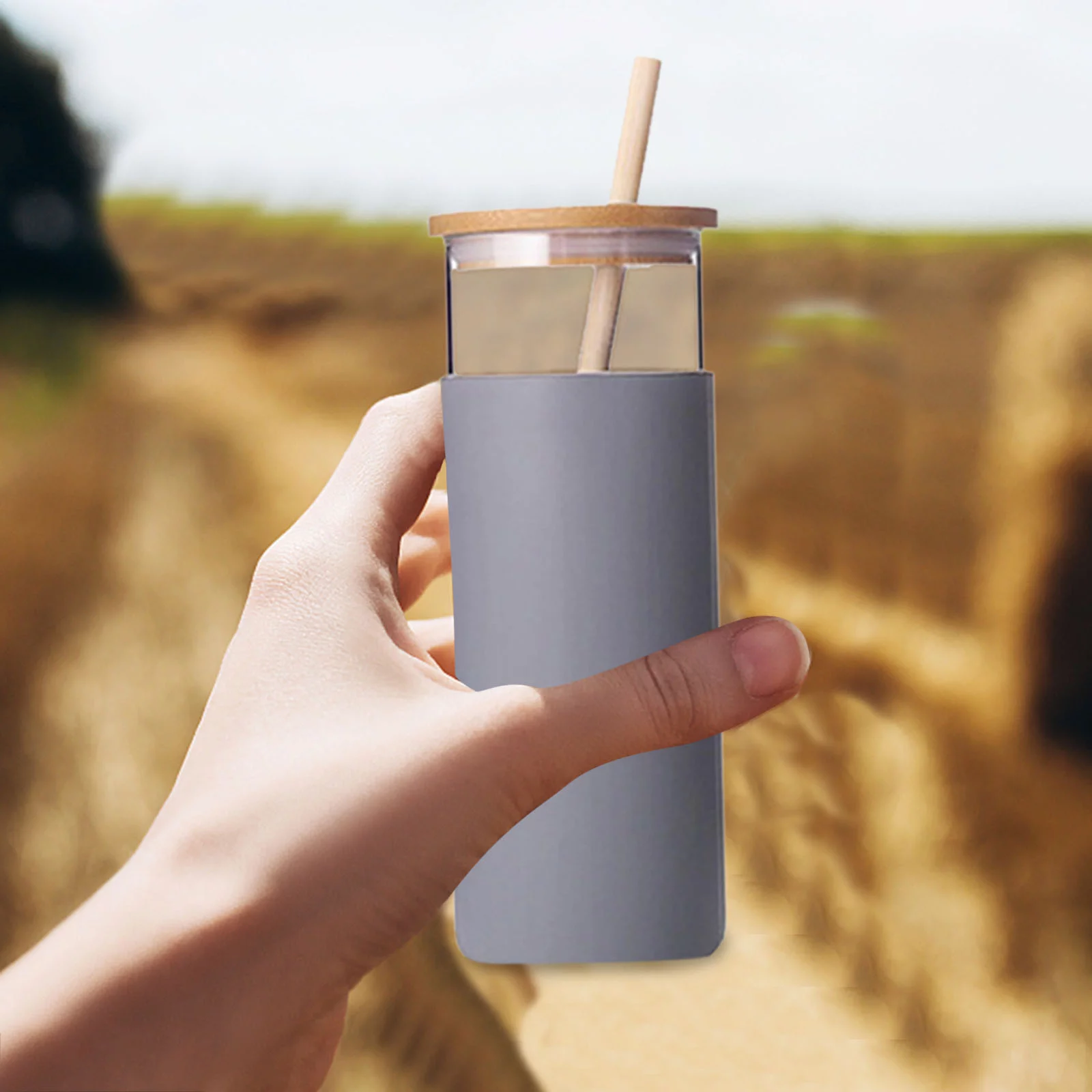 Wepro Creative Bamboo Cover Bamboo Straw Reusable Silicone Glass Straw Water Cup