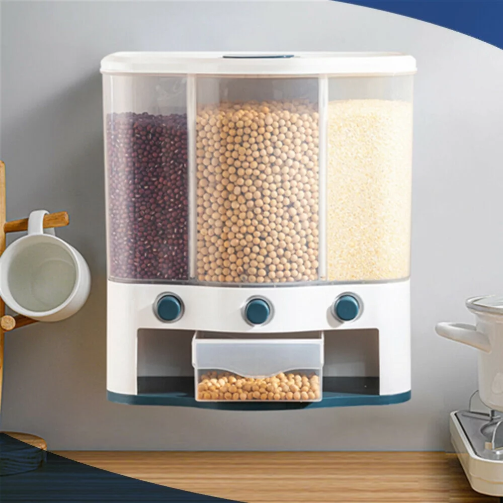 6L Dry Food Dispenser with Lid, Visible 3-Grid  PP Plastic Cereal Grain Storage Container Box with Measuring Cup for Kitchen Storage Clear