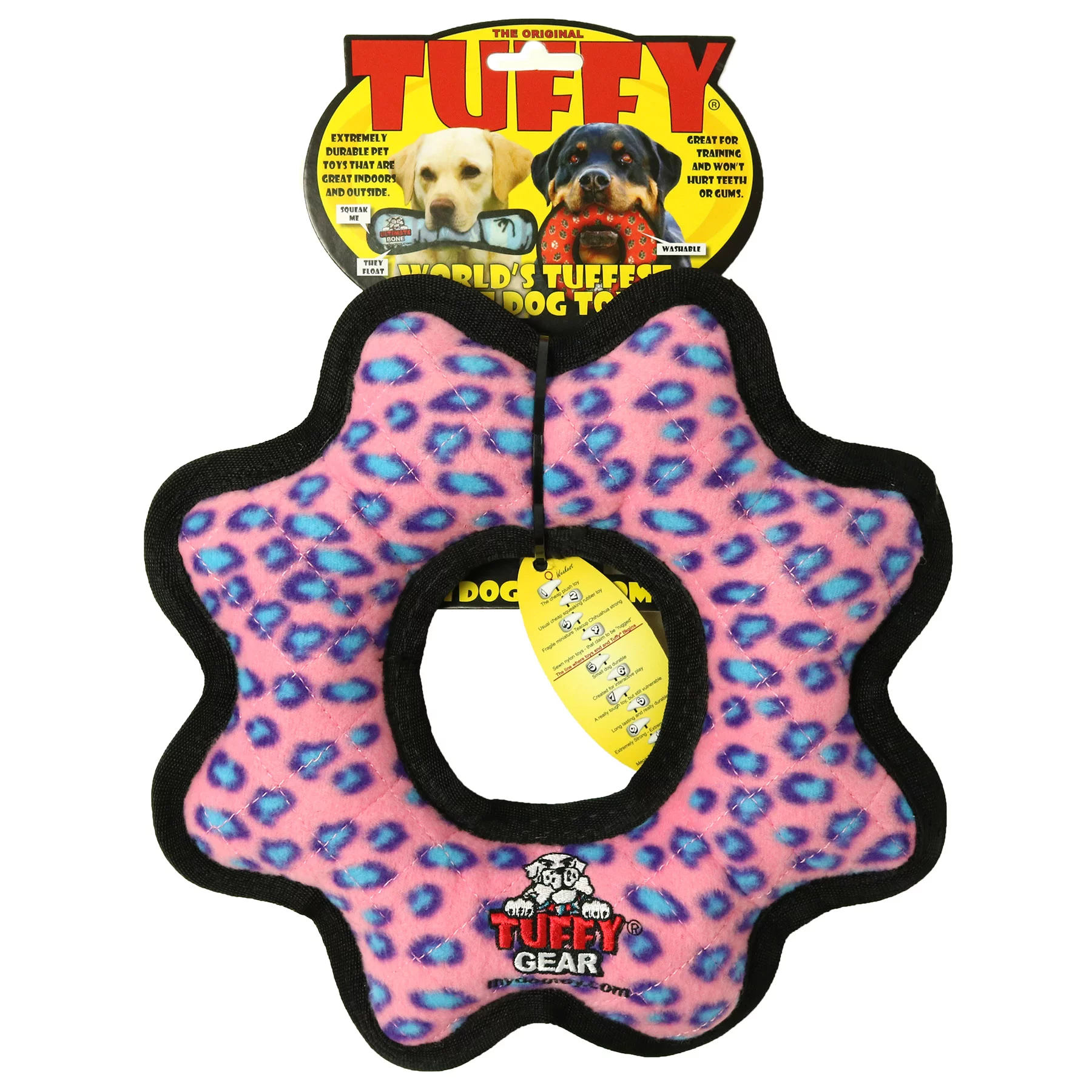 Tuffy Ultimate Gear Ring Pink Leopard, Durable Squeaky Dog Toy