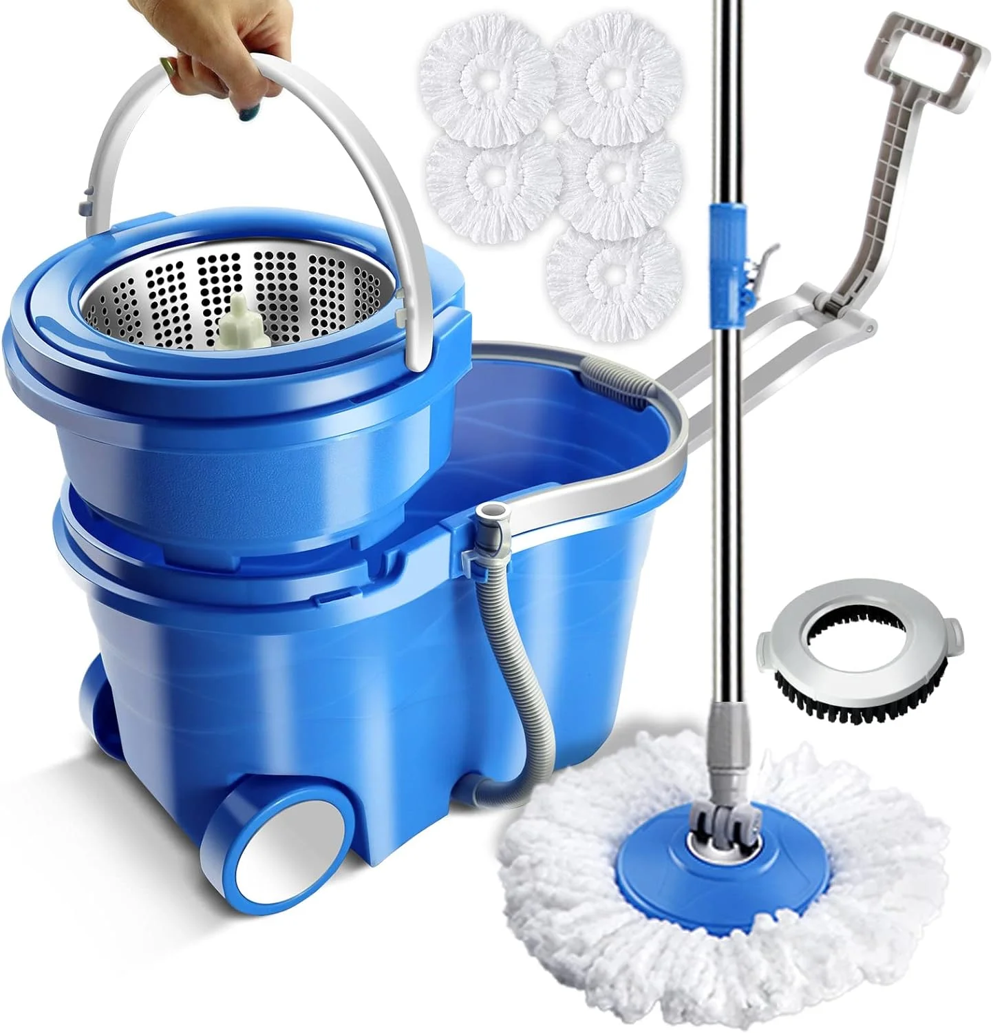 Masthome Spin Mop and Bucket with Wringer Set for Floors Cleaning - 5 Microfiber Pads