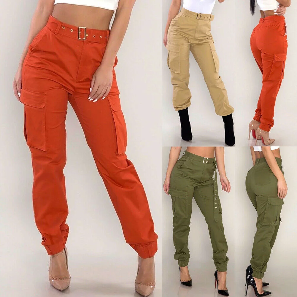 Womens High Waist Cargo Pants Slim Fit Casual Jogger Trousers with Pockets