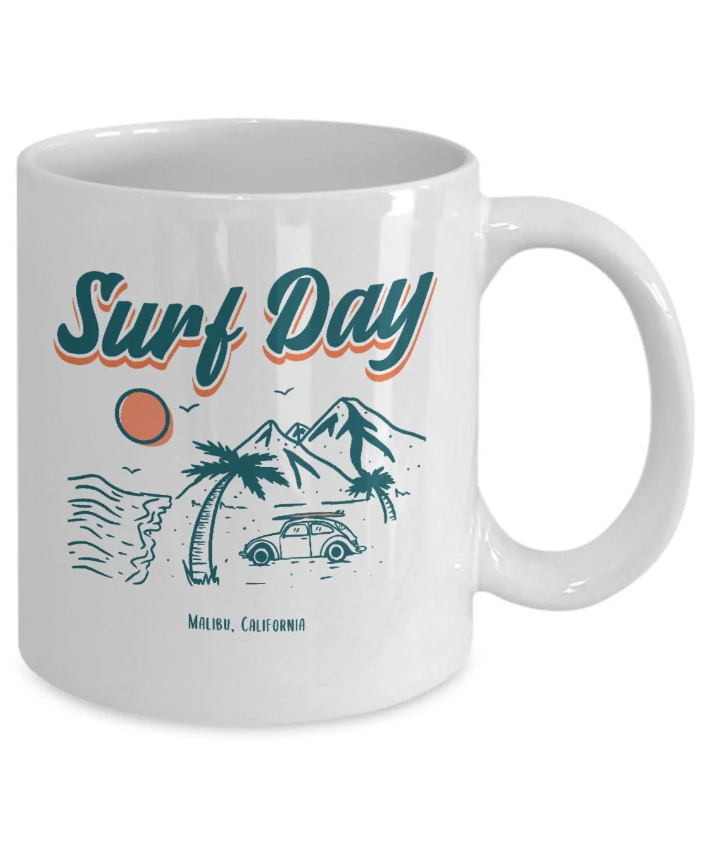 Vintage Surf Day Mountains Malibu Beach California White Gift coffee mug