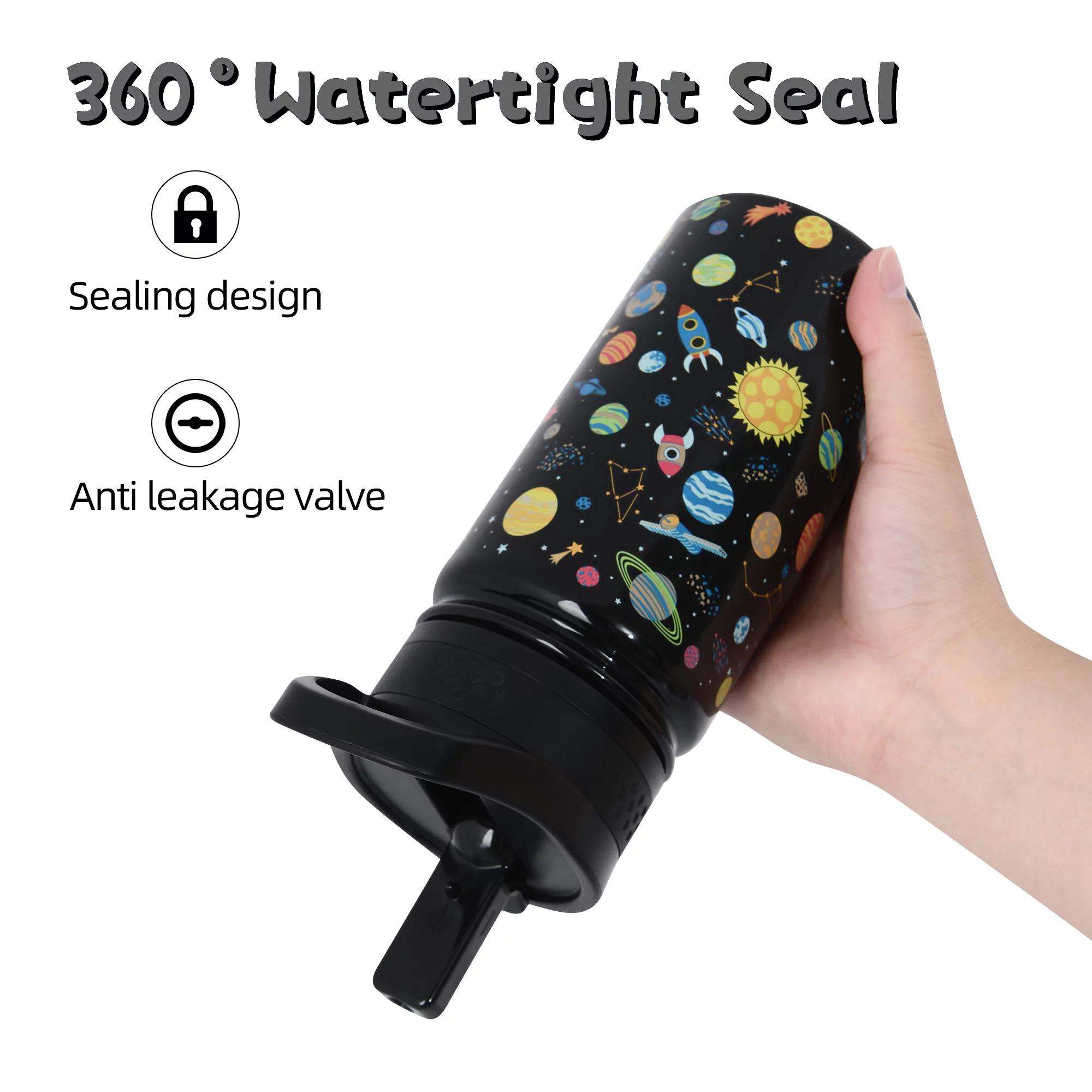 TWINNIS Kids Water Bottle with Strap,14oz Stainless Steel Insulated Water Bottles with 2 Lids,Planet