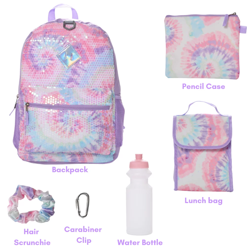 CLUB LIBBY LU Sequin Tie Dye Girls Backpack with Lunch Box and Water Bottle 6 Piece Set 16 inch Pink