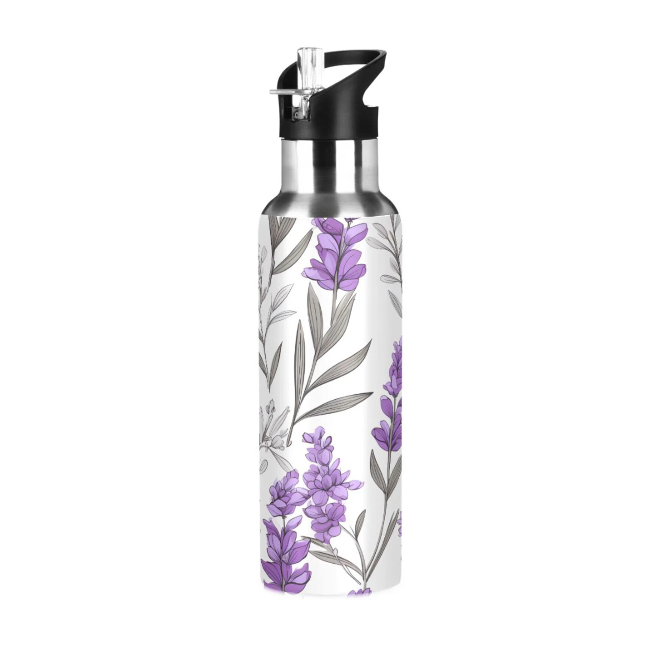 Water Bottle with Straw Lid Leak Lavenders Violet Stainless Steel Insulated Thermos Vacuum Flask for Cold Hot Drinking for Sports Camping Gym Yoga