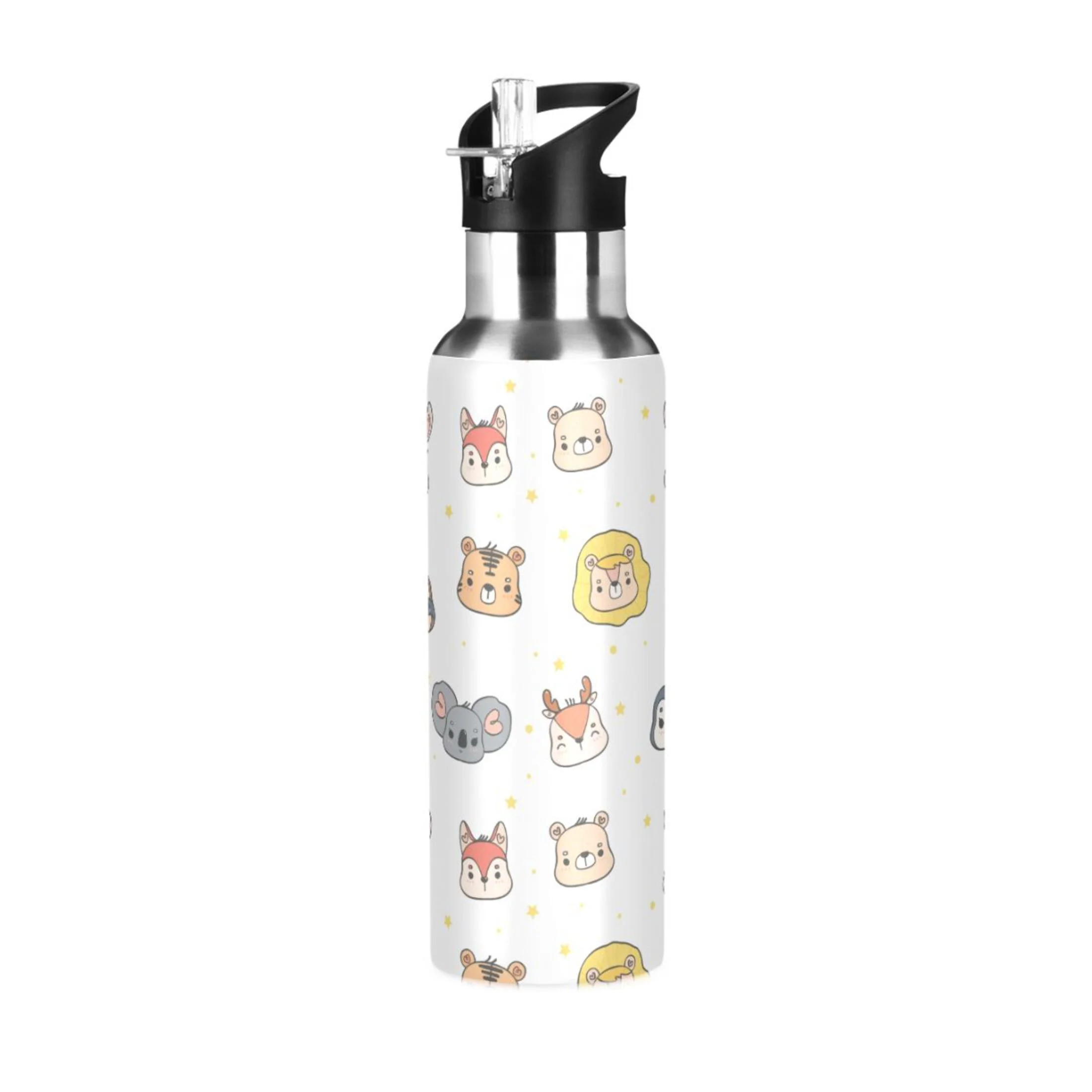 Cartoon Cats Foxes Rabbits Monkey Water Bottles Insulated Thermos Kids Stainless Steel Bottle with Straw Lid Flask Leakproof for Sports Gym 20 oz