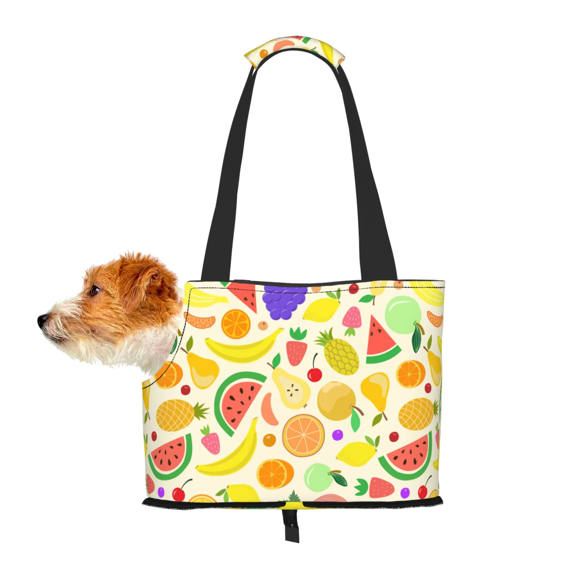 TEQUAN Foldable Dog Purse Carrier, Collapsible Carton Flat Tropical Fruits Prints Pet Travel Tote Bag for Small Cat Puppy, Waterproof Dog Soft-Sided Carriers