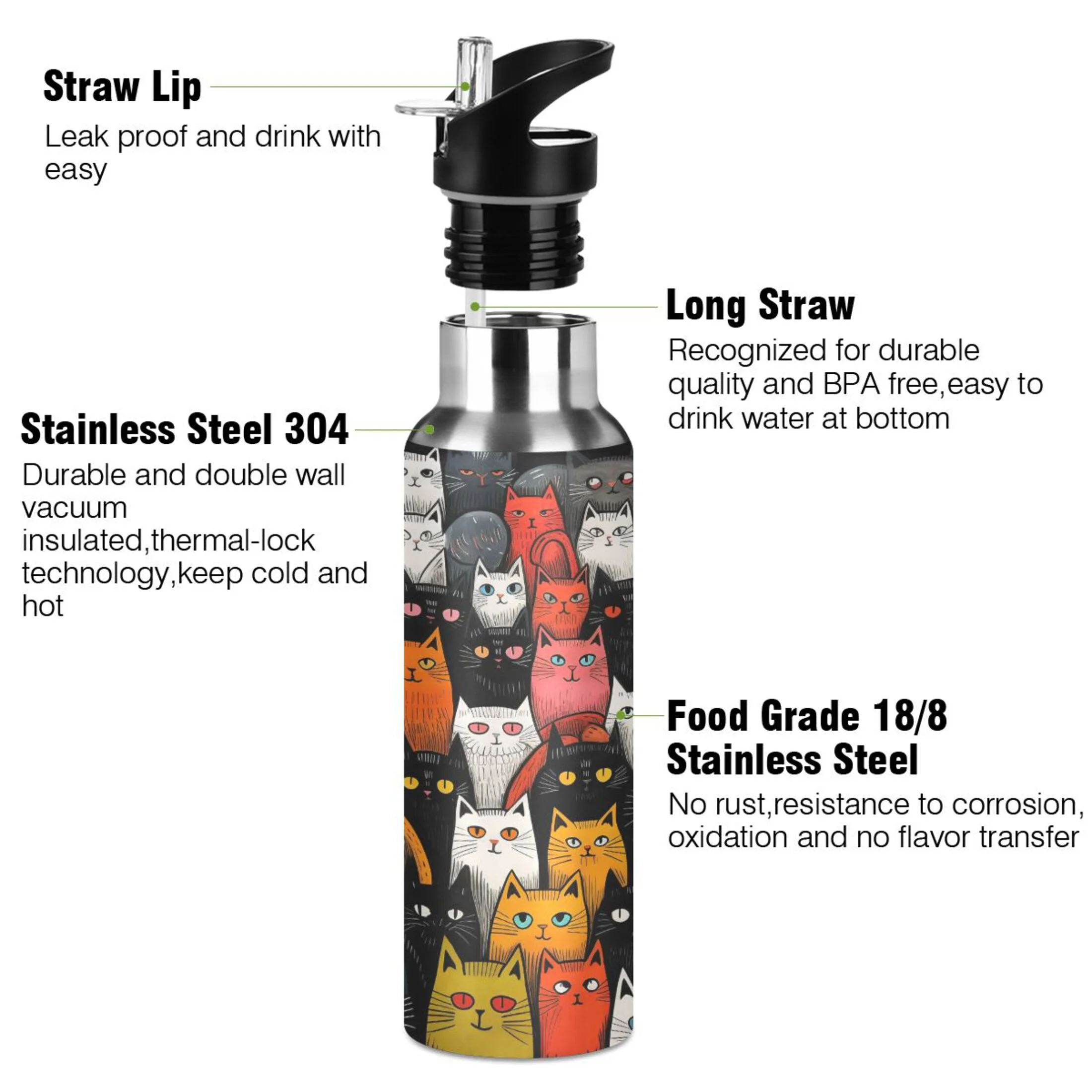 Water Bottle with Straw Lid Leak Cute Cats Print Stainless Steel Insulated Thermos Vacuum Flask for Cold Hot Drinking for Sports Camping Gym Yoga