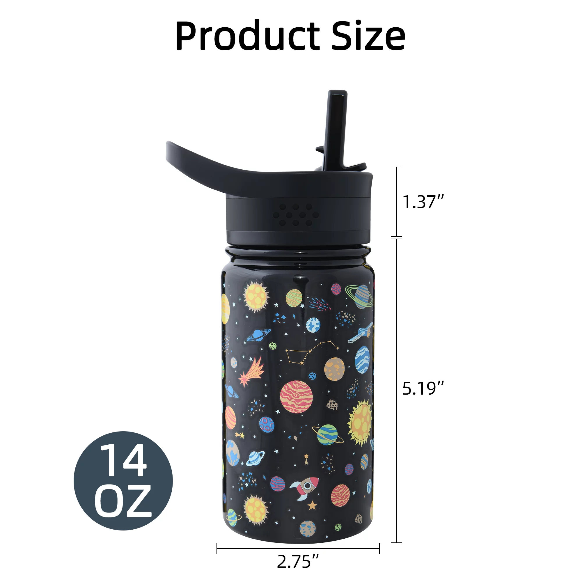 TWINNIS Kids Water Bottle with Strap,14oz Stainless Steel Insulated Water Bottles with 2 Lids,Planet