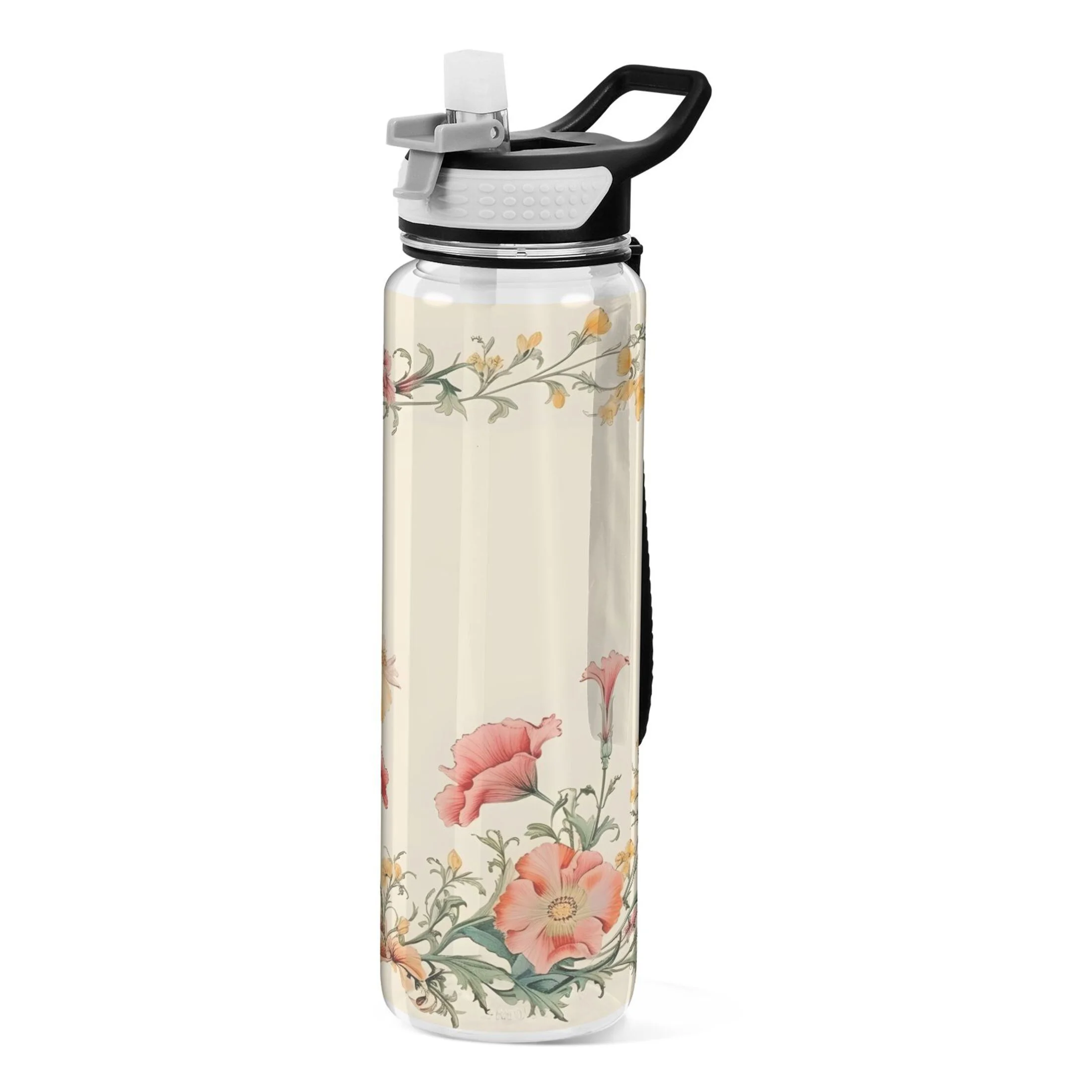 Flowers on Yellow 32oz Water Bottles with Straw Tritan Leakproof Sports Bottle BPA Free Clear for Fitness Gym Swimming Cycling