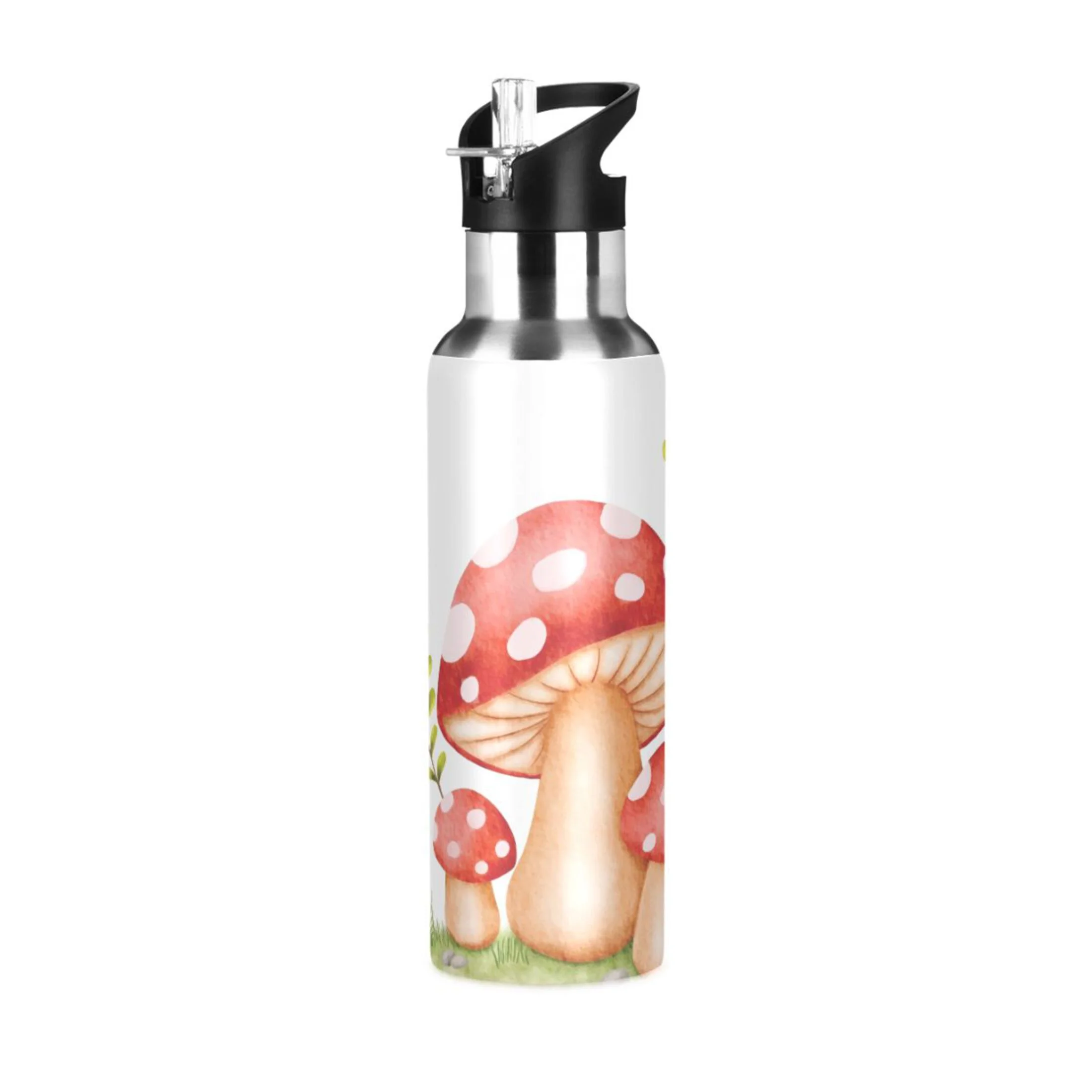 Water Bottle with Straw Lid Leak Red Mushrooms Stainless Steel Insulated Thermos Vacuum Flask for Cold Hot Drinking for Sports Camping Gym Yoga
