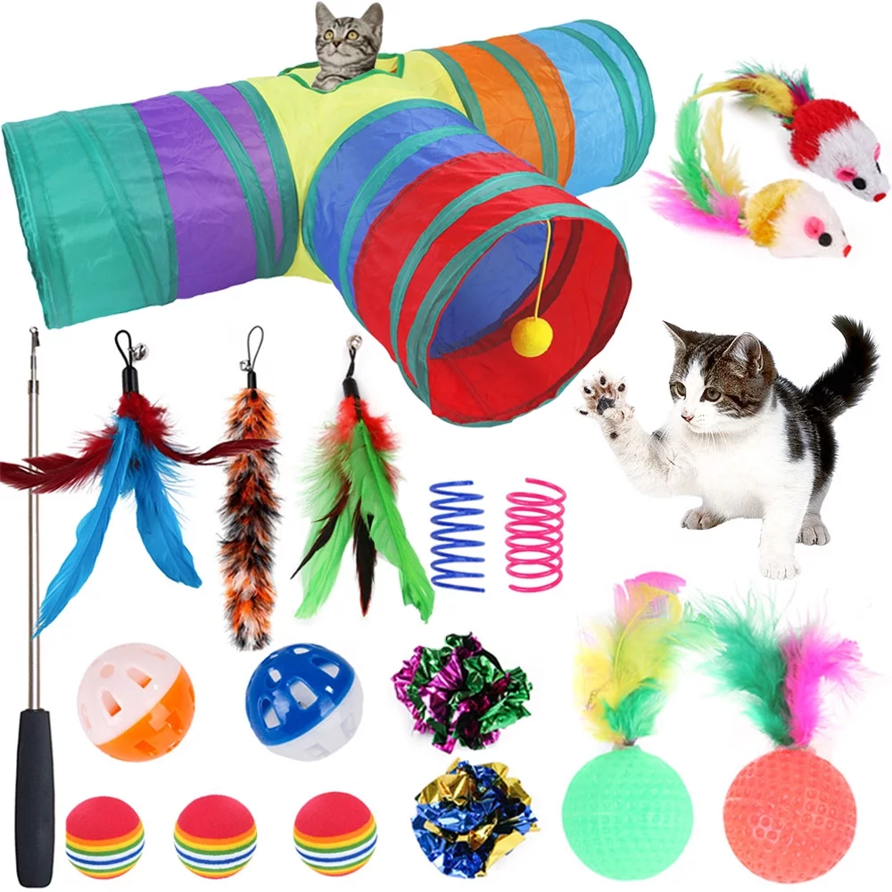 Petimi Cat Toys, Cat Tunnel Toy Set, 18 Pcs of Interactive Fun with Three-Hole Tunnel, Interactive Feather Toy, Cat Springs, Jingle Balls and Fluffy Mouse