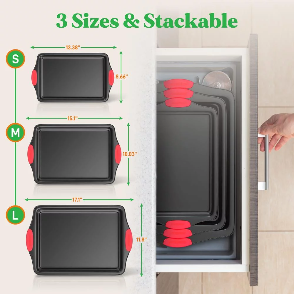 NutriChef NCSBS3S - Kitchen Oven Baking Pans - Deluxe Nonstick Gray Coating Inside & Outside Carbon Steel Bakeware Set With Red Silicone Handles (3-Pieces)