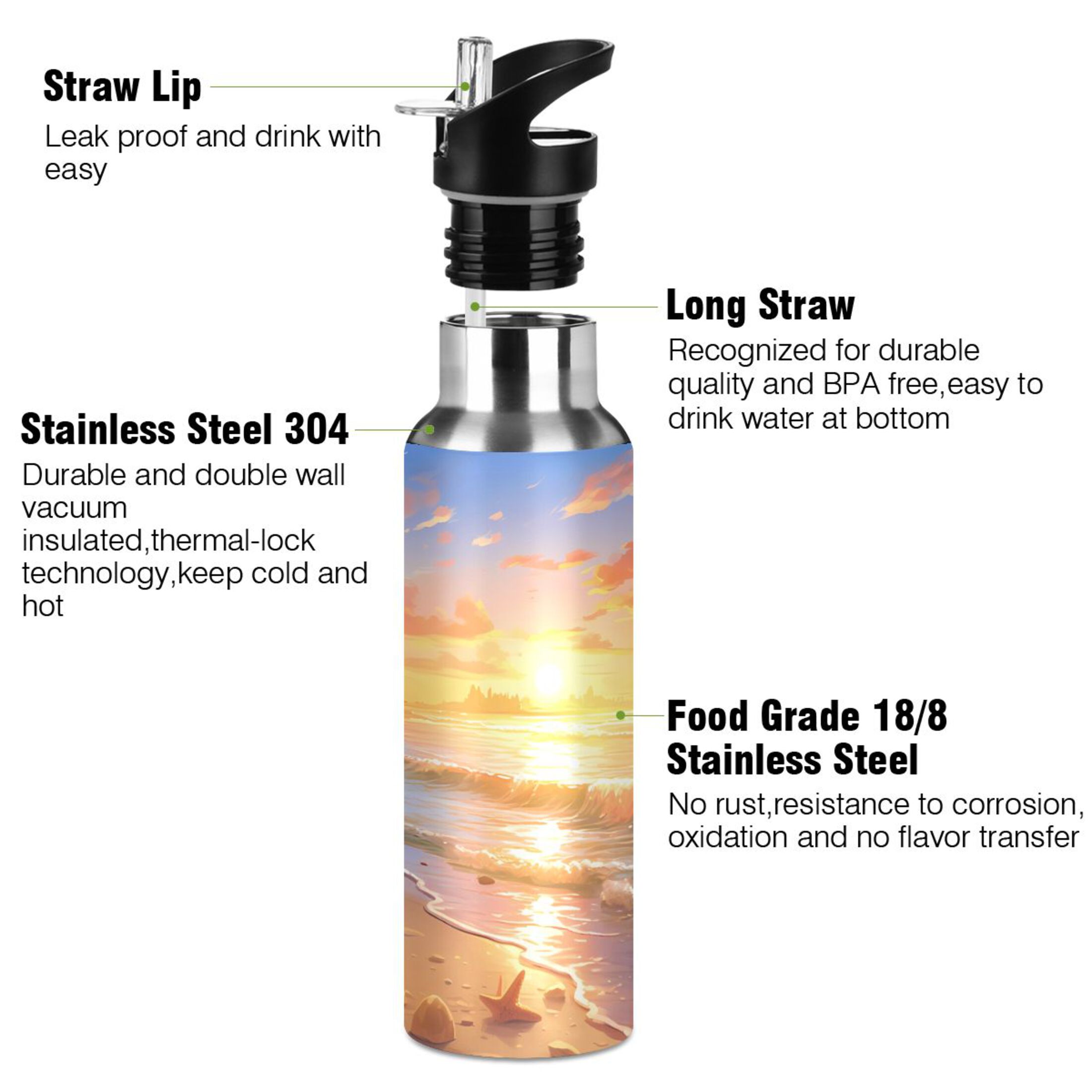 Seastar with Sunset Water Bottles Insulated Thermos Kids Stainless Steel Bottle with Straw Lid Flask Leakproof for Sports Gym 20 oz