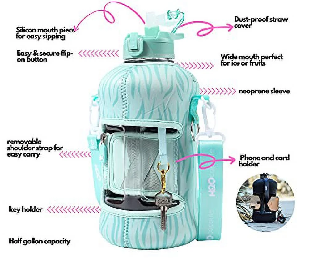 H2O Capsule 2.2L Half Gallon Water Bottle with Storage Sleeve and Covered Straw Lid - BPA Free Large Reusable Drink Container with Handle - Big Sports Jug, 2.2 Liter (74 Ounce) Teal Tiger